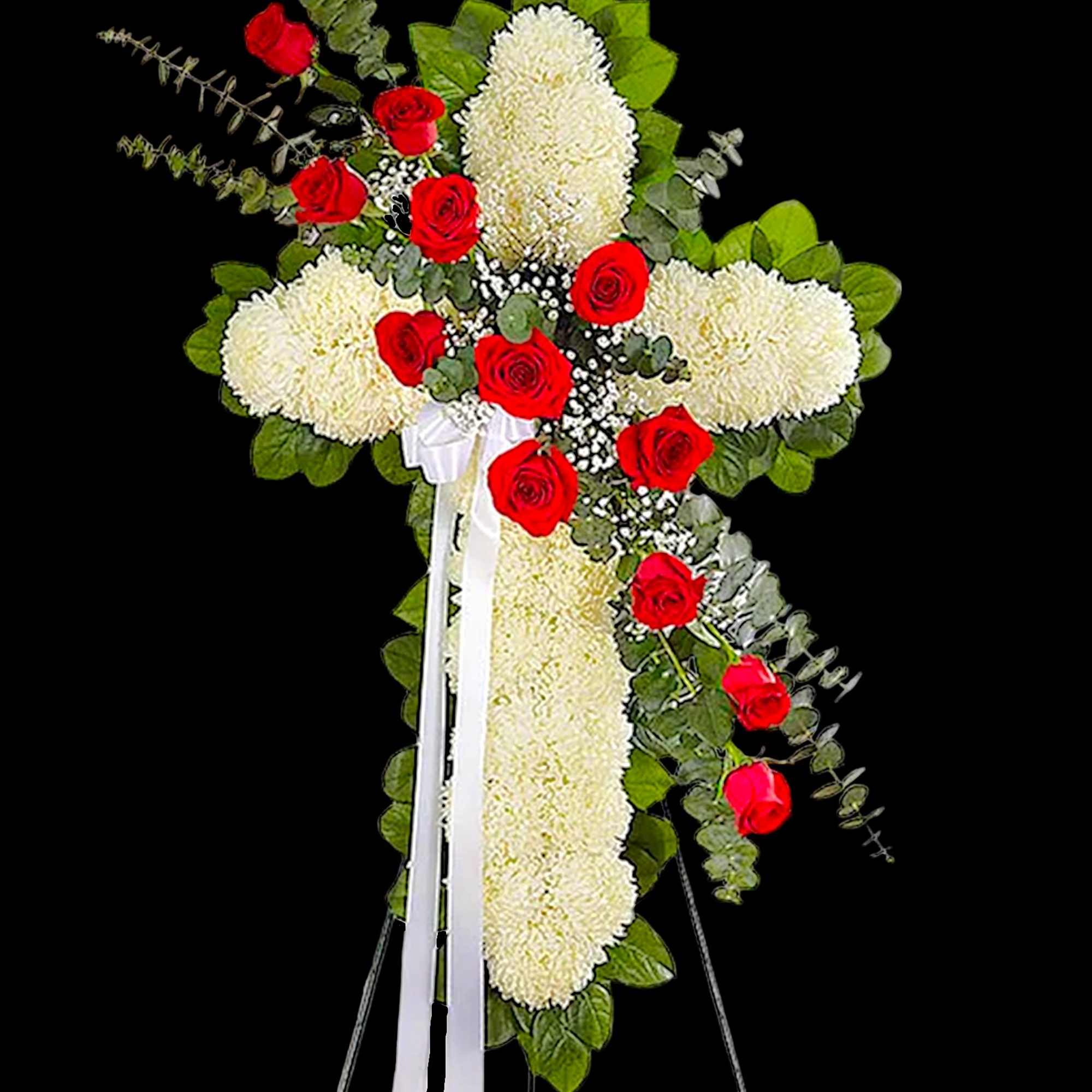 Cross-shaped floral standing spray with red roses and white chrysanthemums
