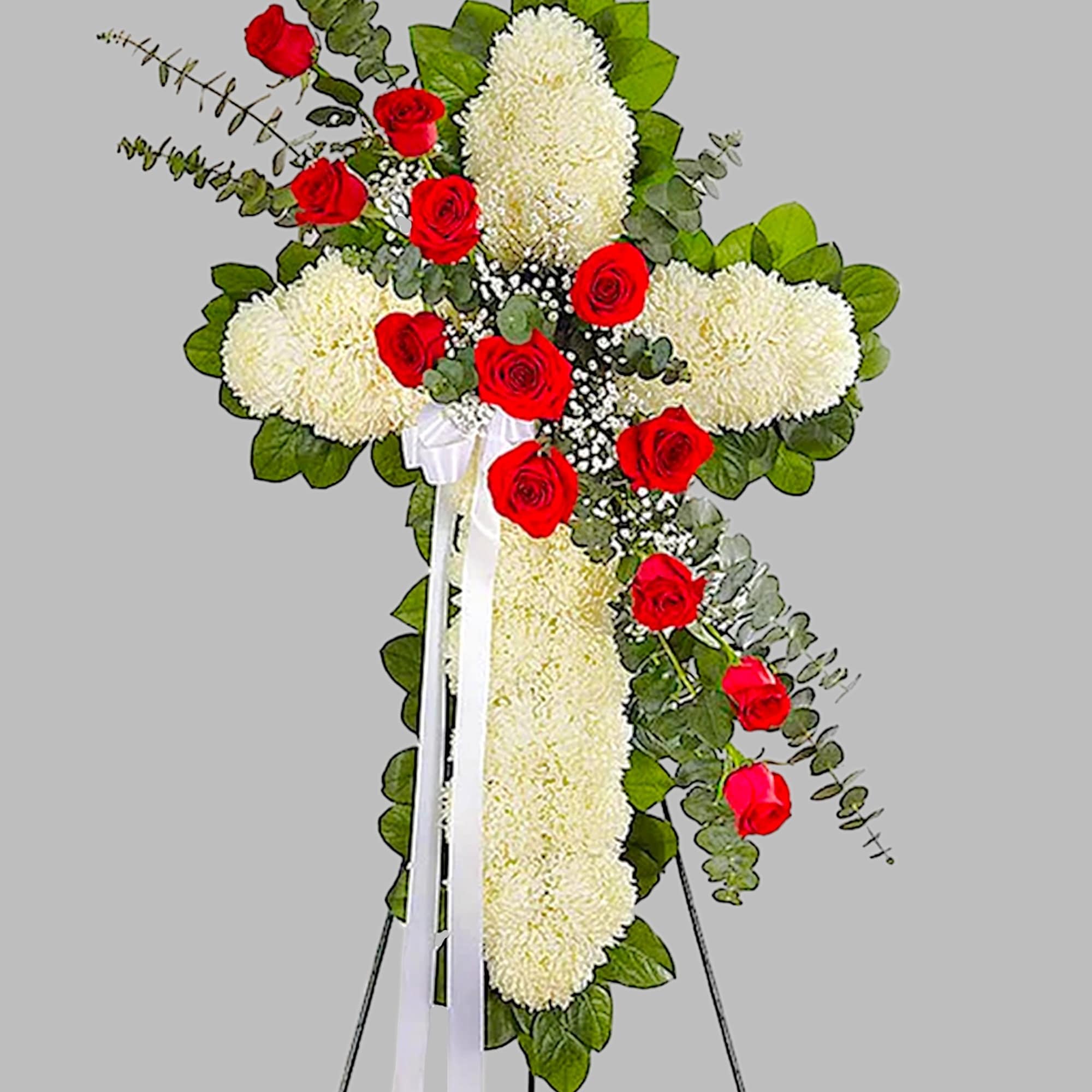 Standing floral cross with white mums and red roses on an easel, photo 6 of 7