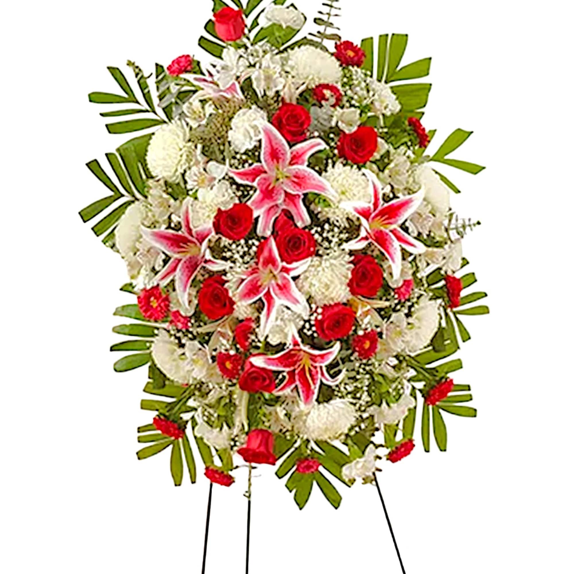 Standing funeral spray with red roses, pink lilies, and white flowers