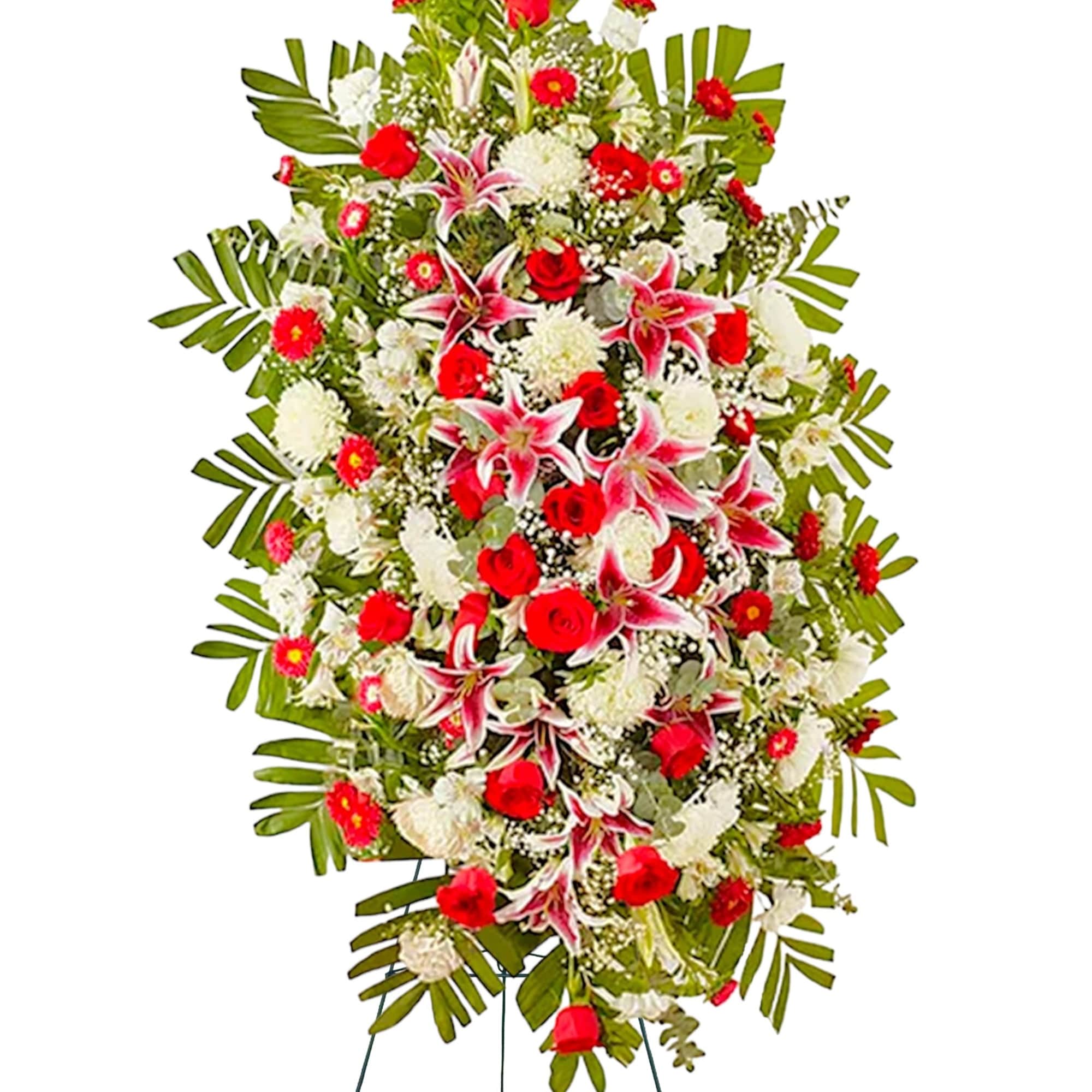 Standing floral spray with red and white flowers on a wire easel