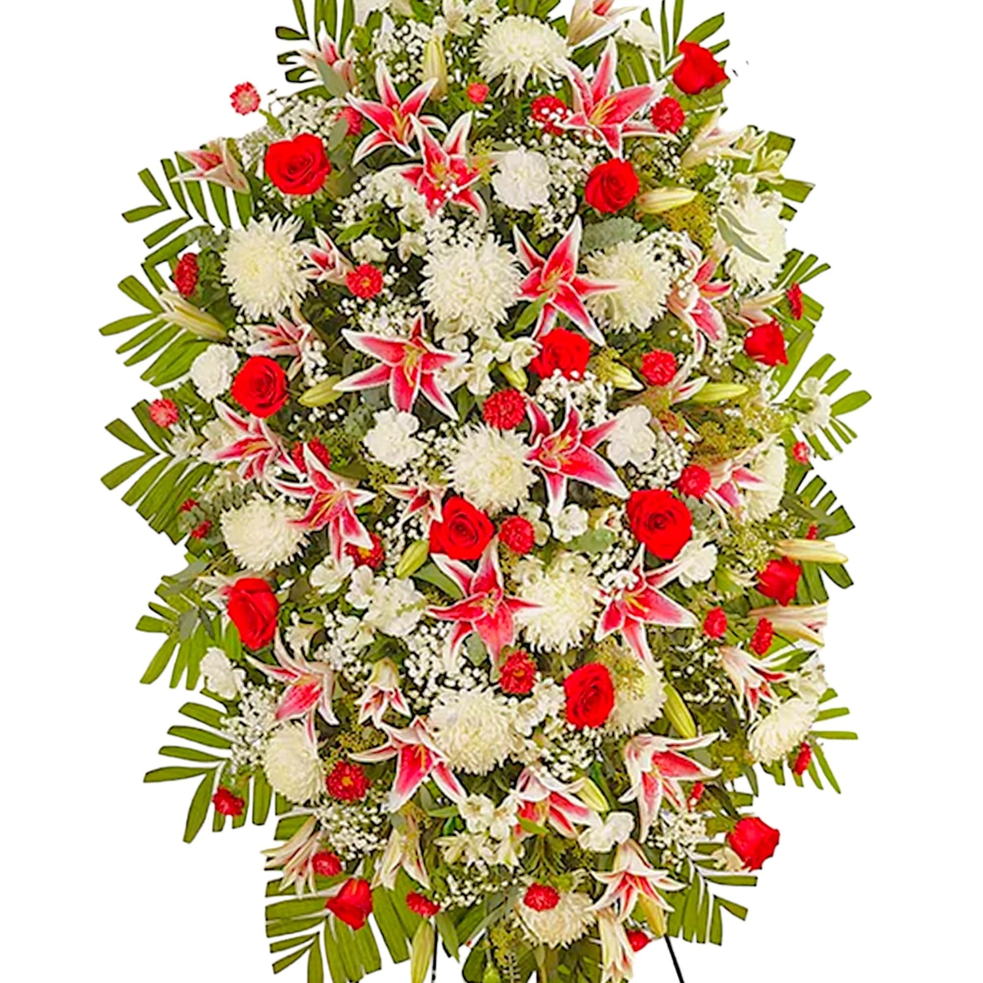 Standing floral spray with red roses, white blooms, and pink lilies