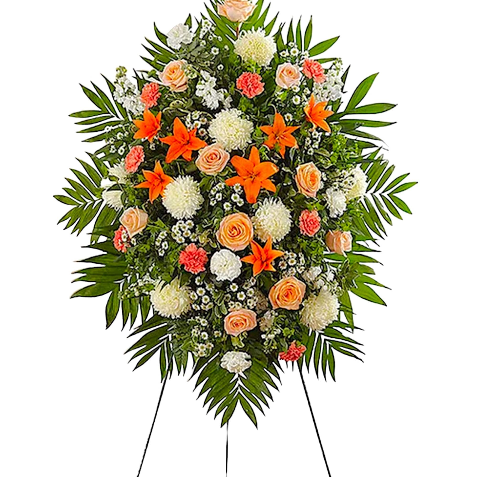 Standing floral spray with peach roses, orange lilies, and white blooms