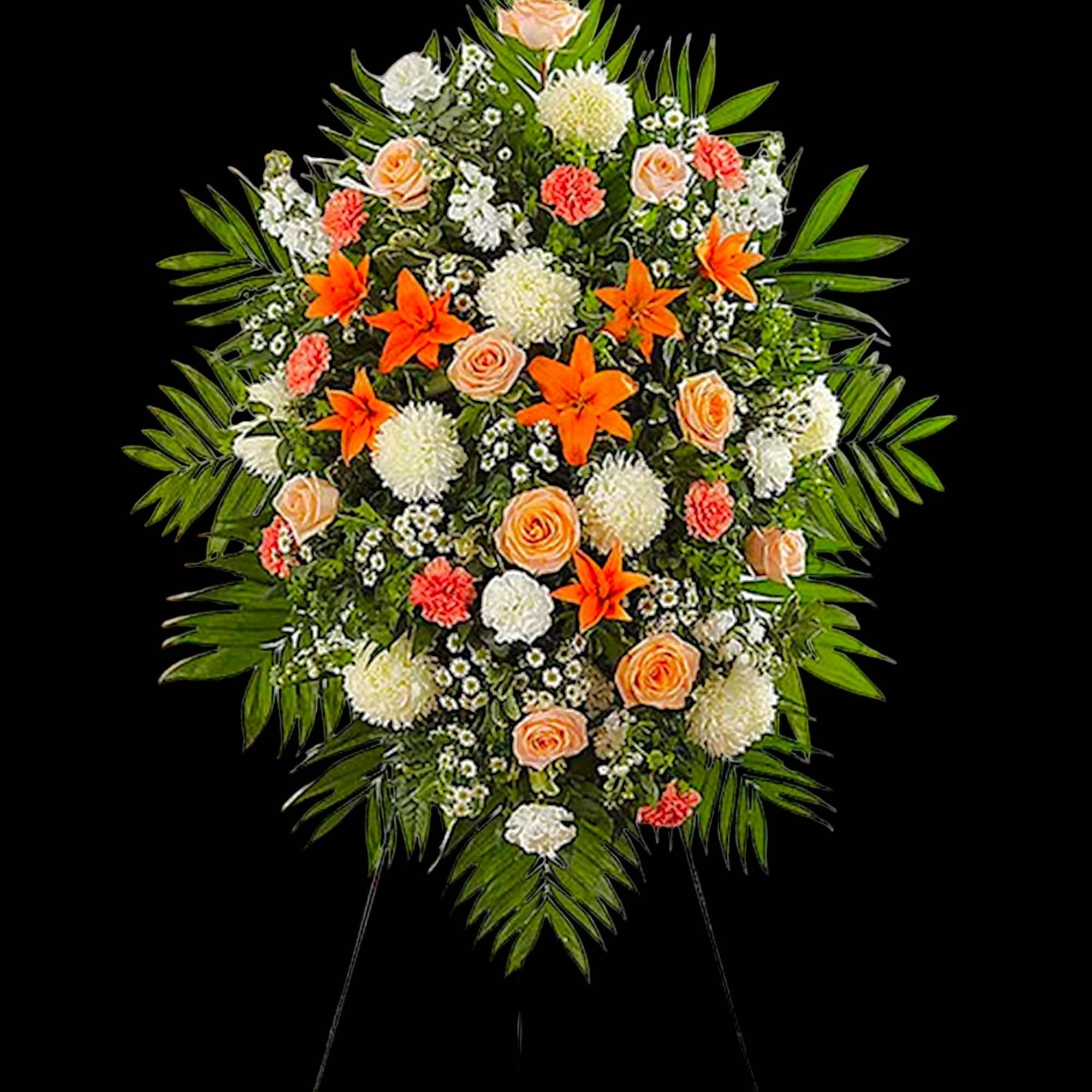 Standing floral spray with orange lilies, peach roses, and white blooms, photo 4 of 5