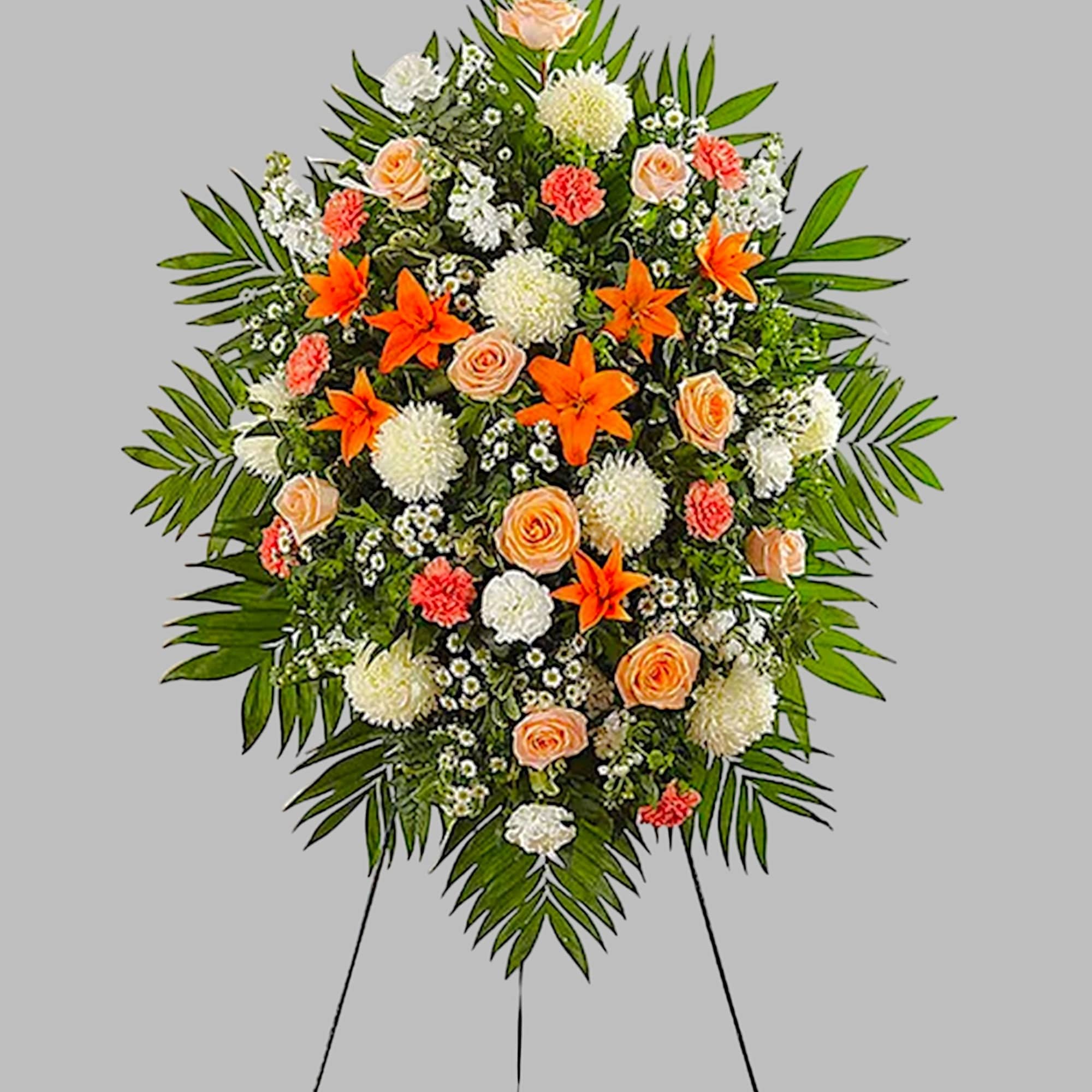 Standing floral spray with peach roses, orange lilies, and white blooms, photo 5 of 5