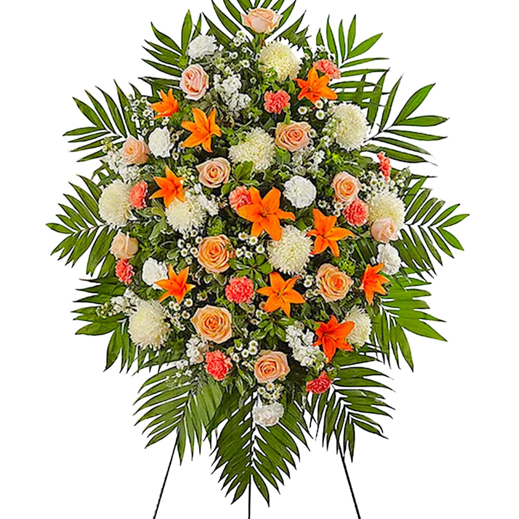 Standing floral spray with orange lilies, peach roses, and white blooms