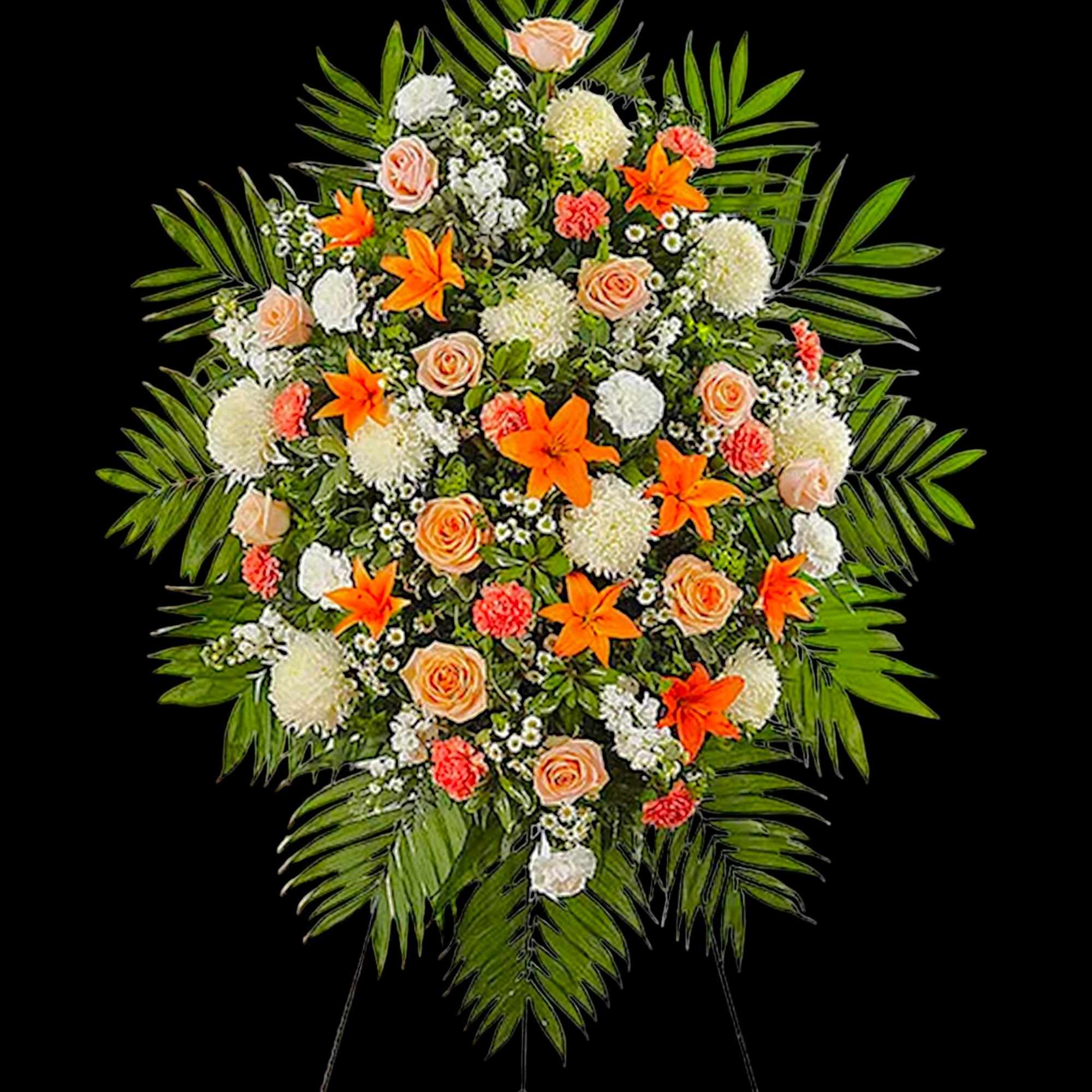 Standing floral spray with orange lilies and peach roses