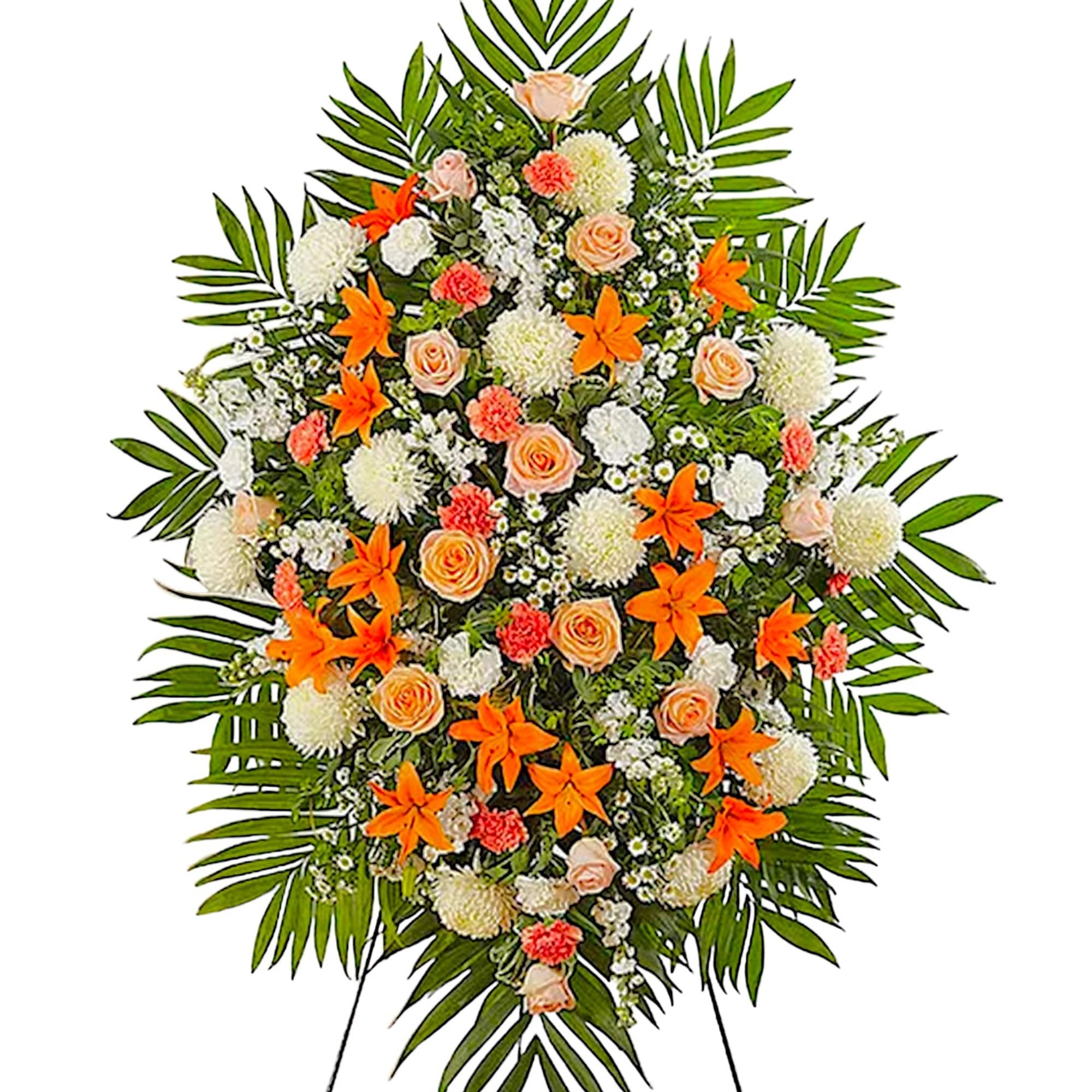 Standing floral spray with orange and peach flowers on a white background
