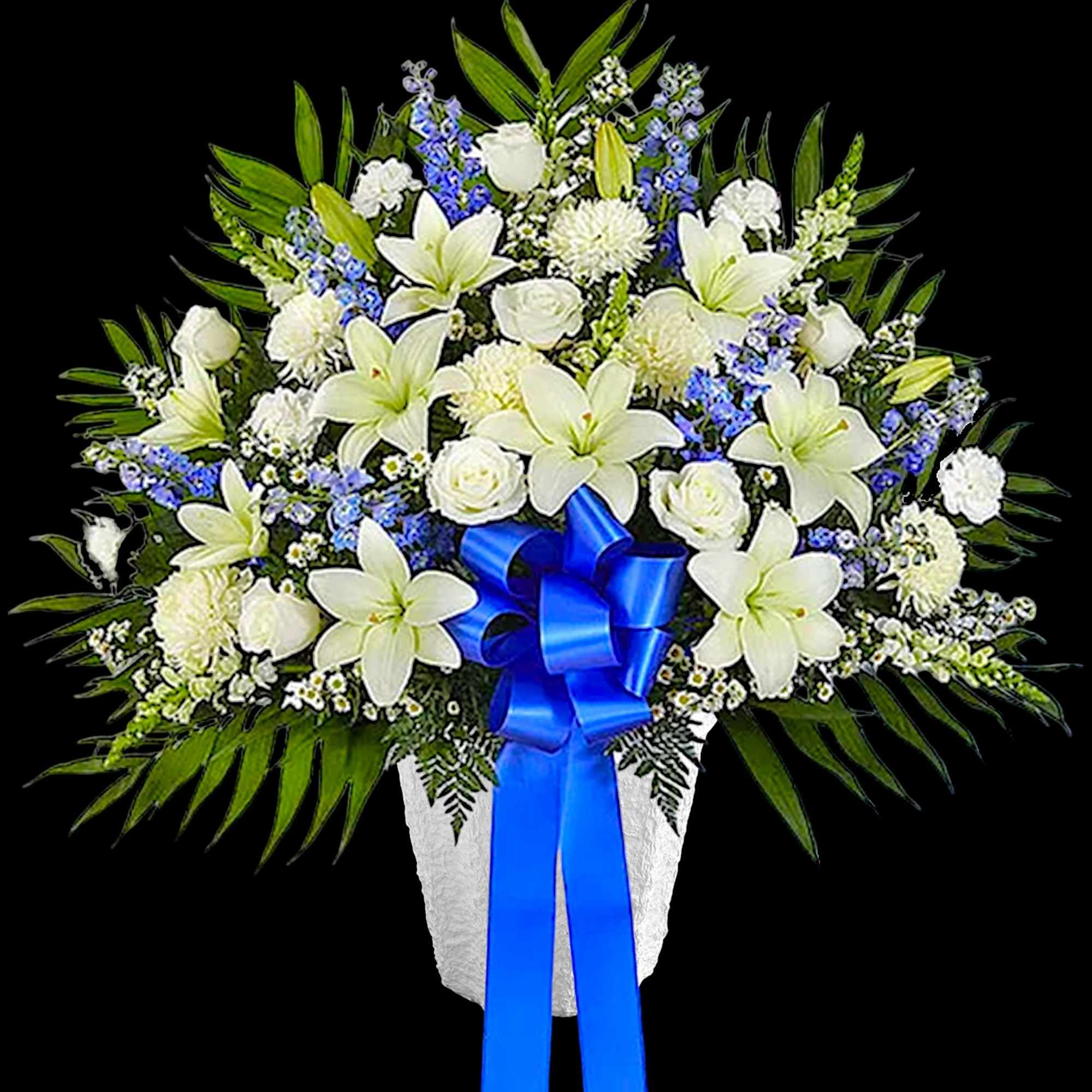 White lilies and roses in a white vase with a blue ribbon, photo 5 of 6