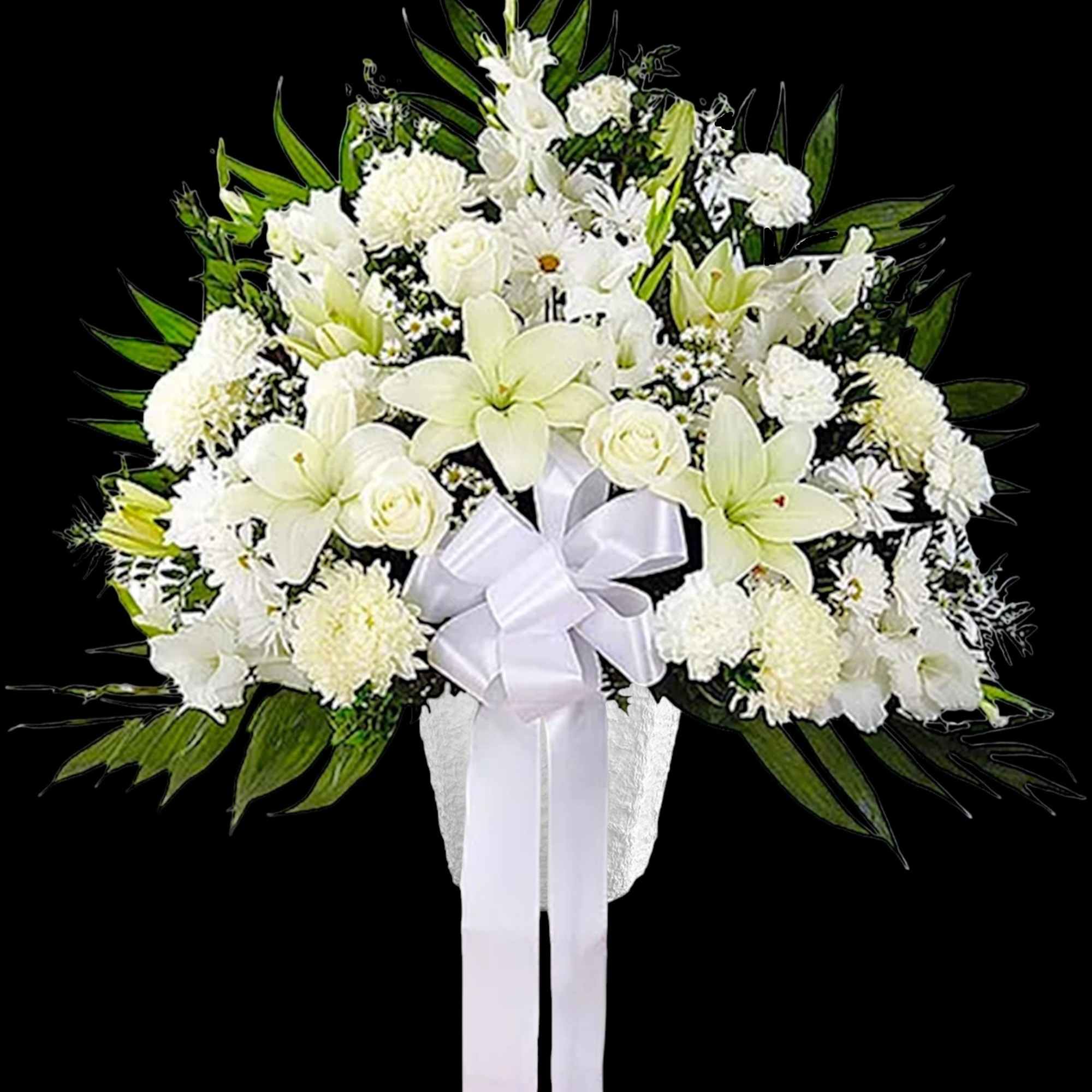 White funeral spray with lilies, roses, and a ribbon on a stand, photo 5 of 6
