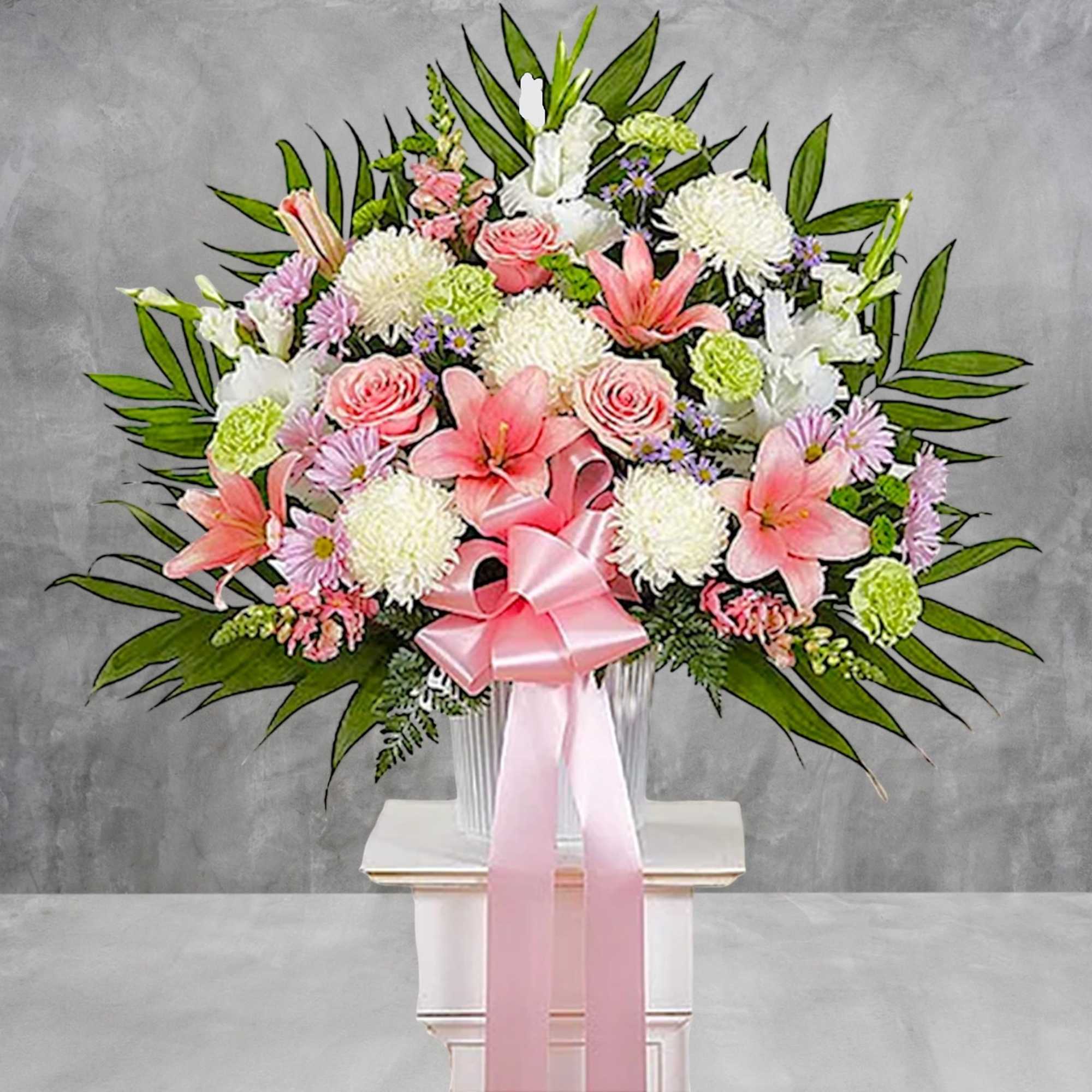 Pink and white floral arrangement with a pink ribbon in a clear vase, photo 4 of 6