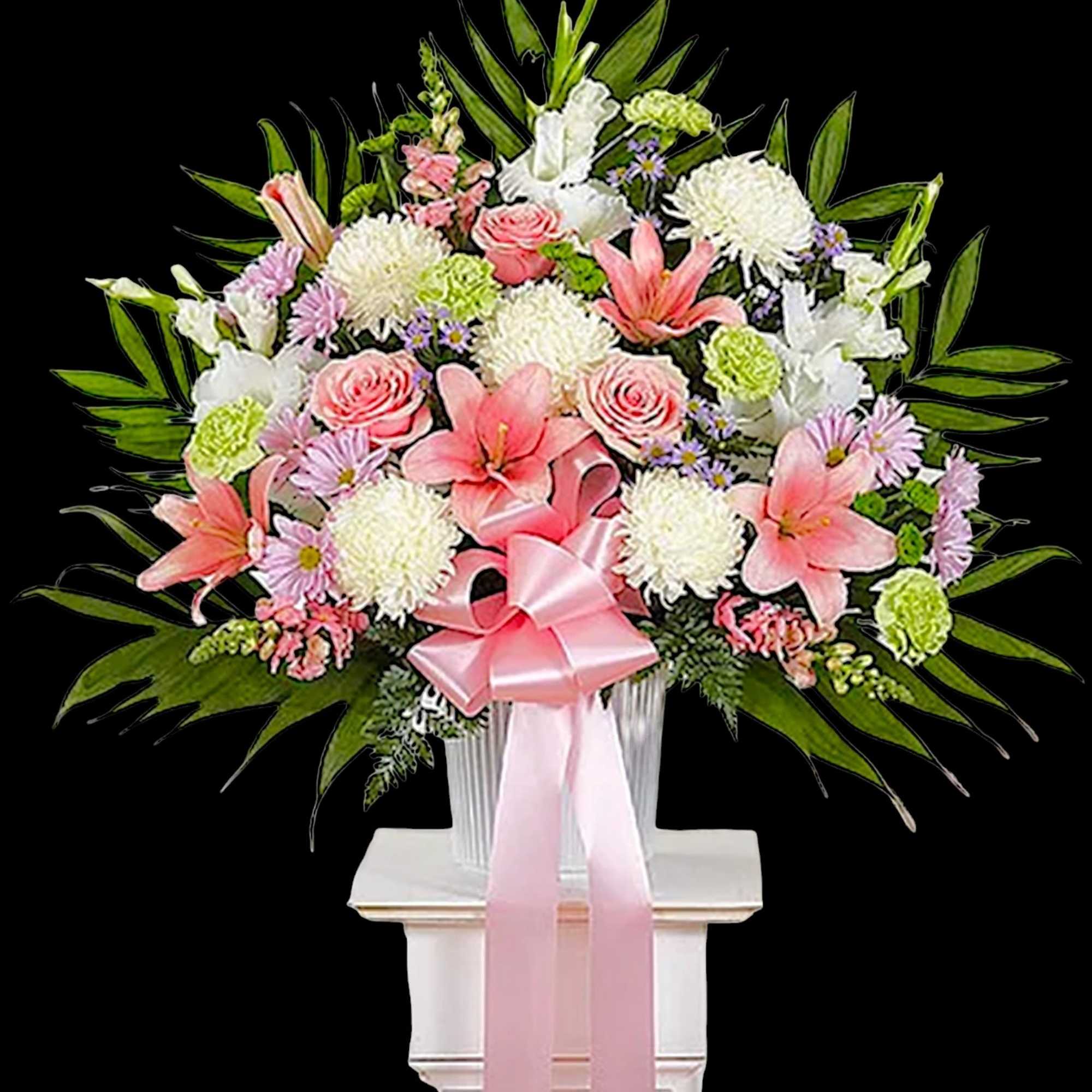 Pink and white floral arrangement with a pink ribbon in a clear vase, photo 5 of 6