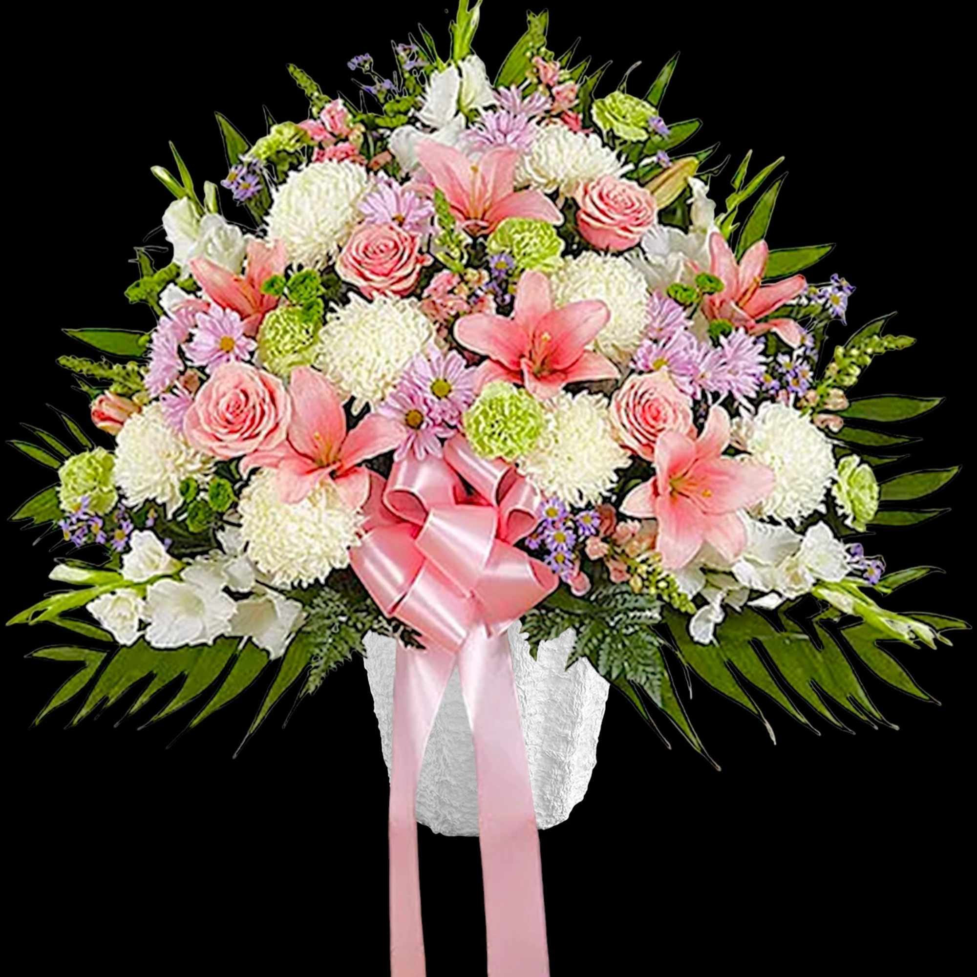 Pink and white floral arrangement in a white vase with a pink ribbon, photo 5 of 6