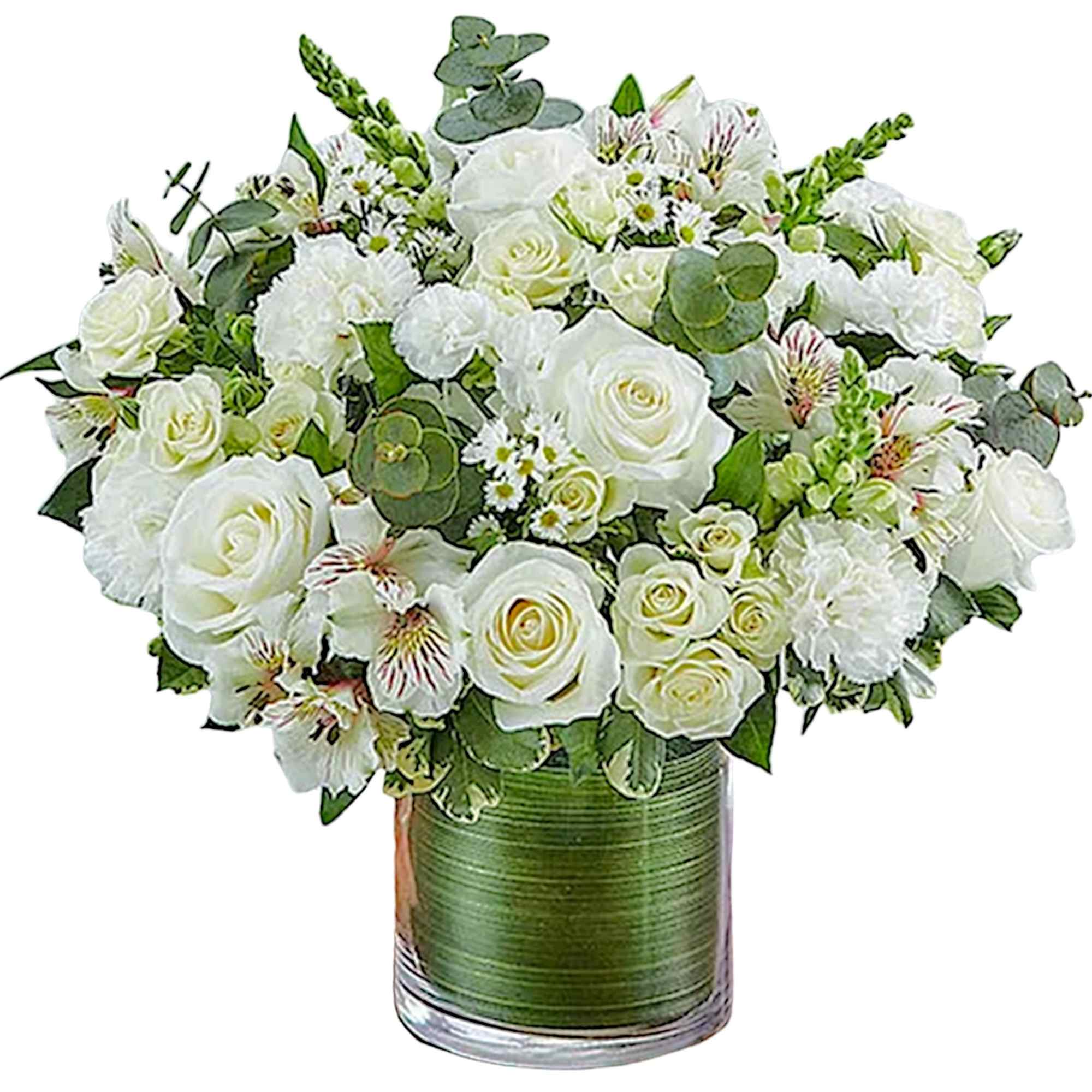 White rose and alstroemeria arrangement in a glass vase