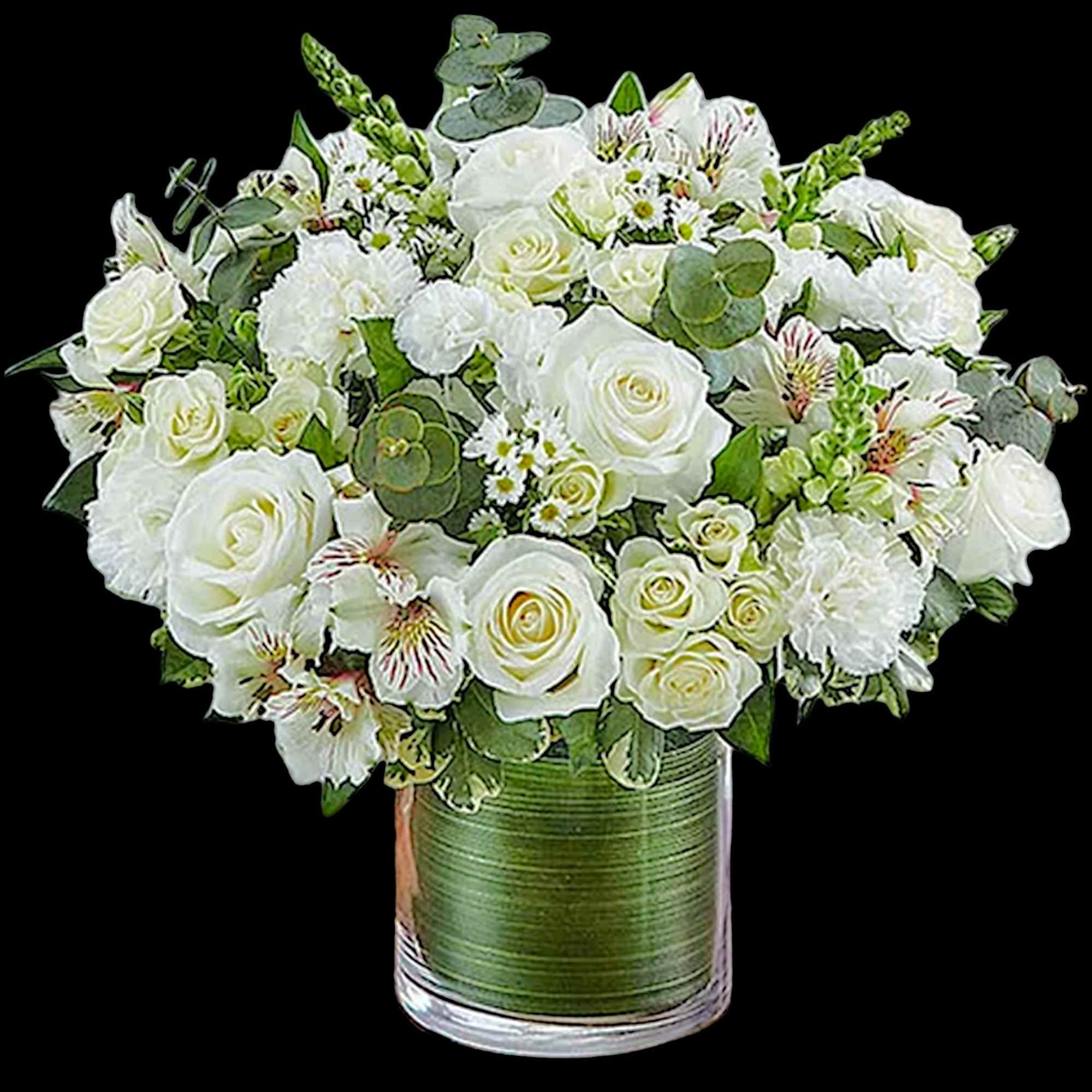 White roses and alstroemeria in a glass vase