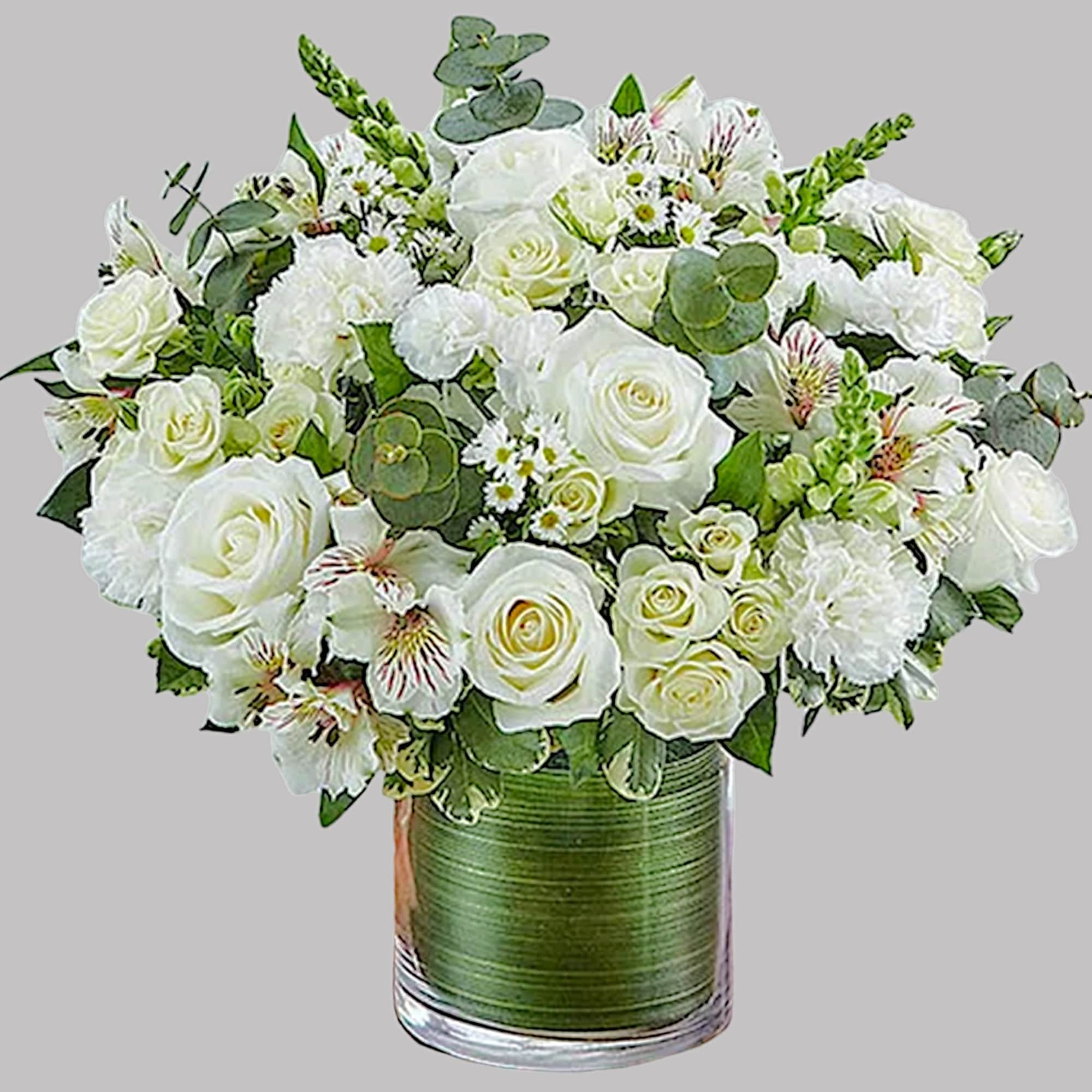 White rose and alstroemeria arrangement in a glass vase, photo 6 of 6