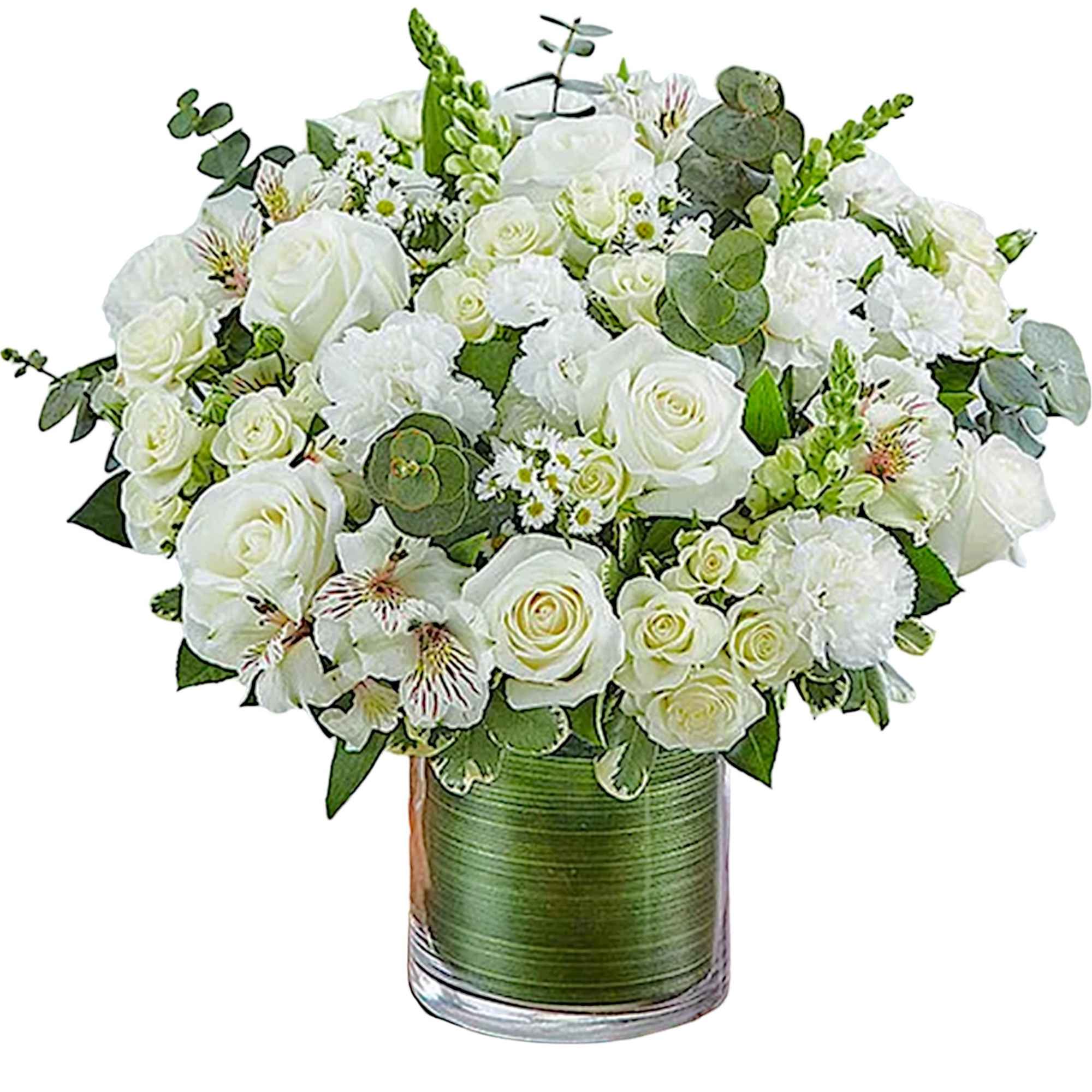 White rose bouquet in a clear glass vase