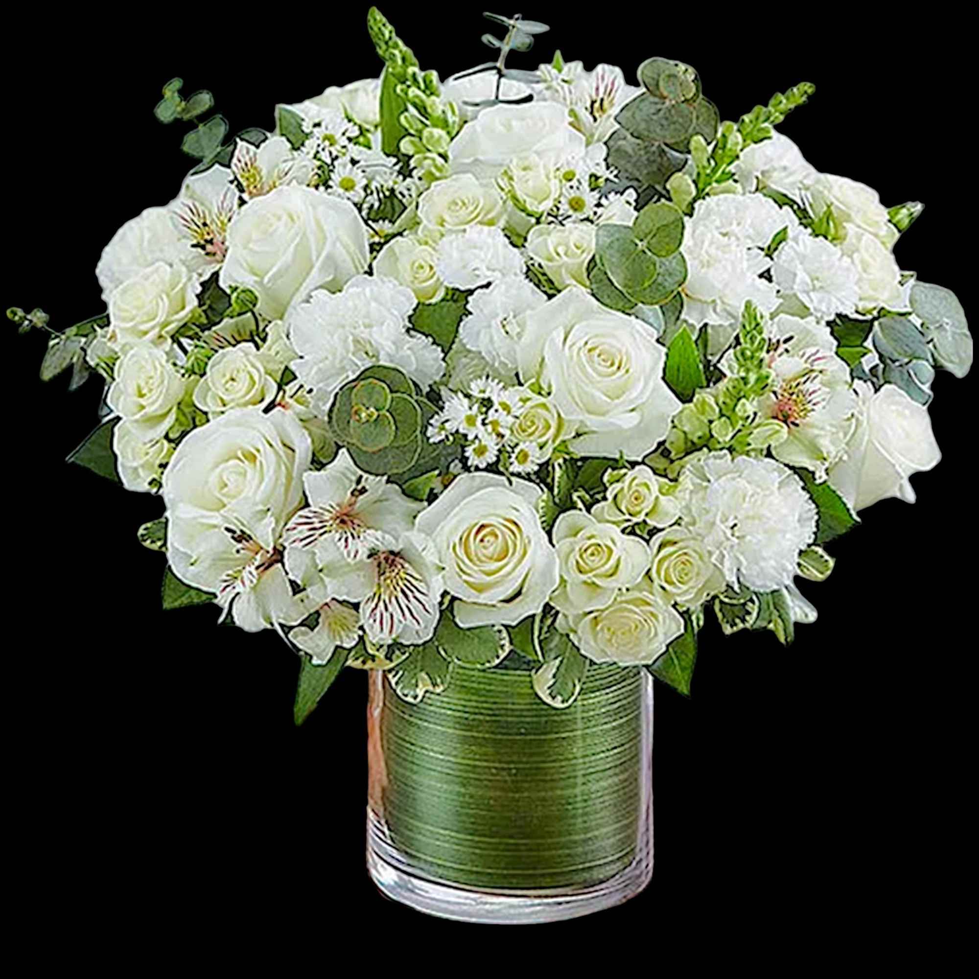 White roses and mixed white flowers in a glass vase