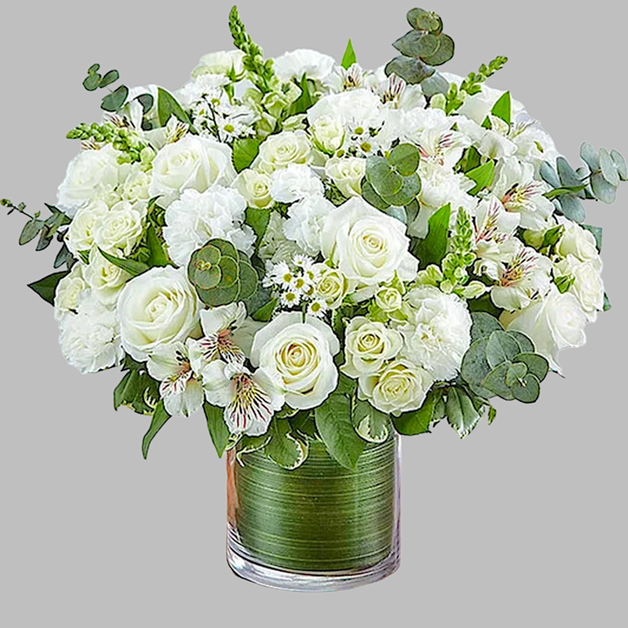 White roses and alstroemeria in a glass vase with eucalyptus, photo 6 of 6