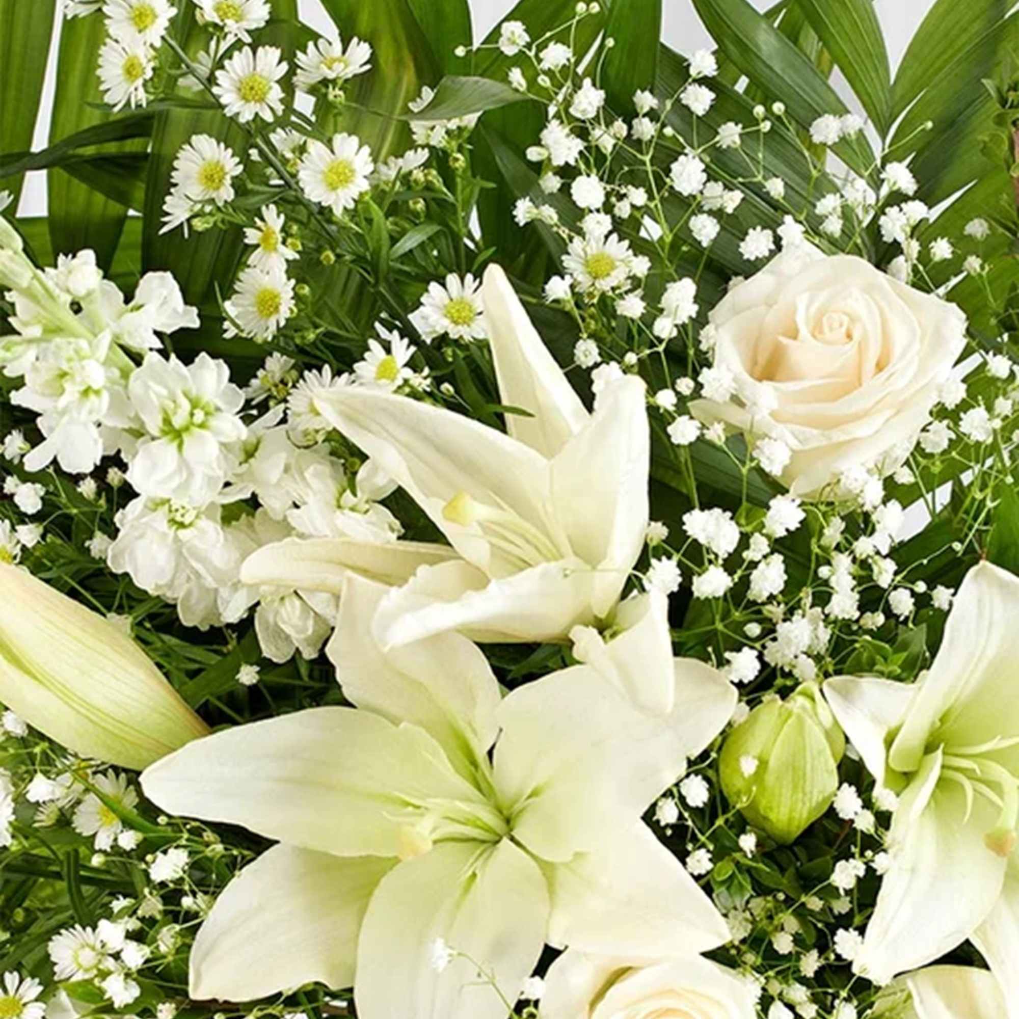 White lilies and roses with small white filler flowers