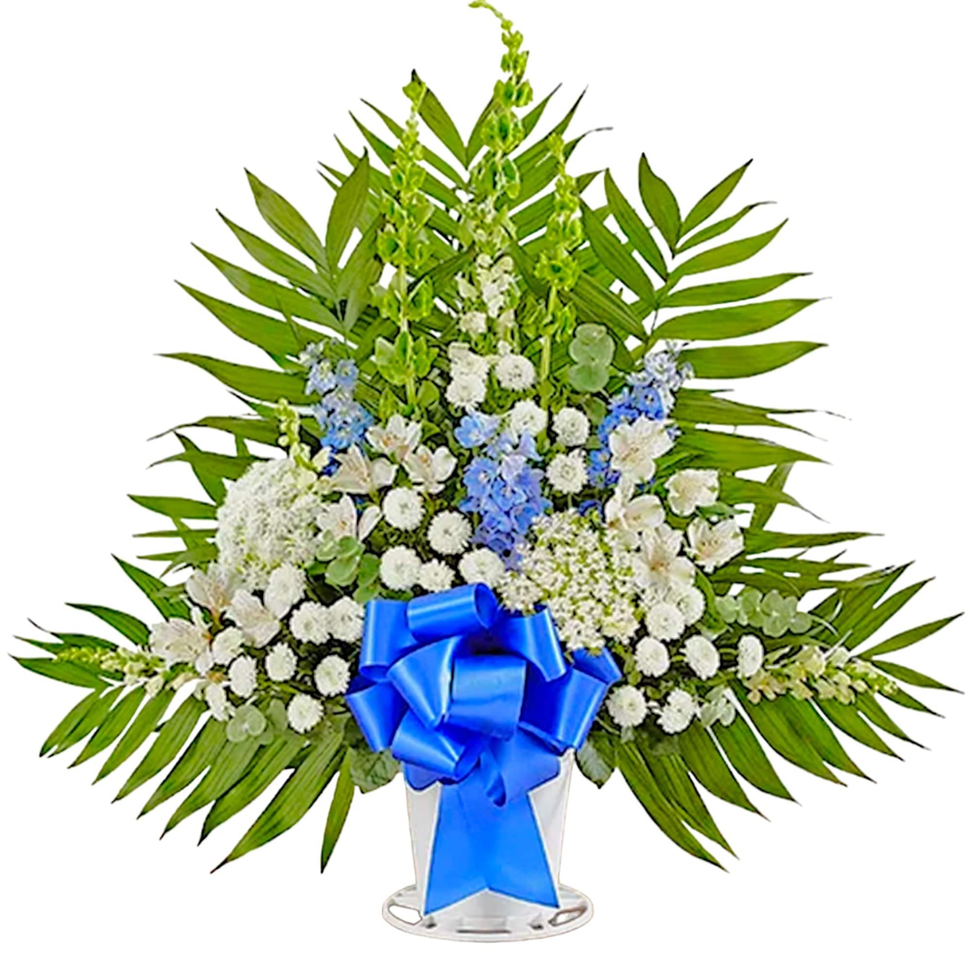 White and blue floral standing spray with a blue ribbon