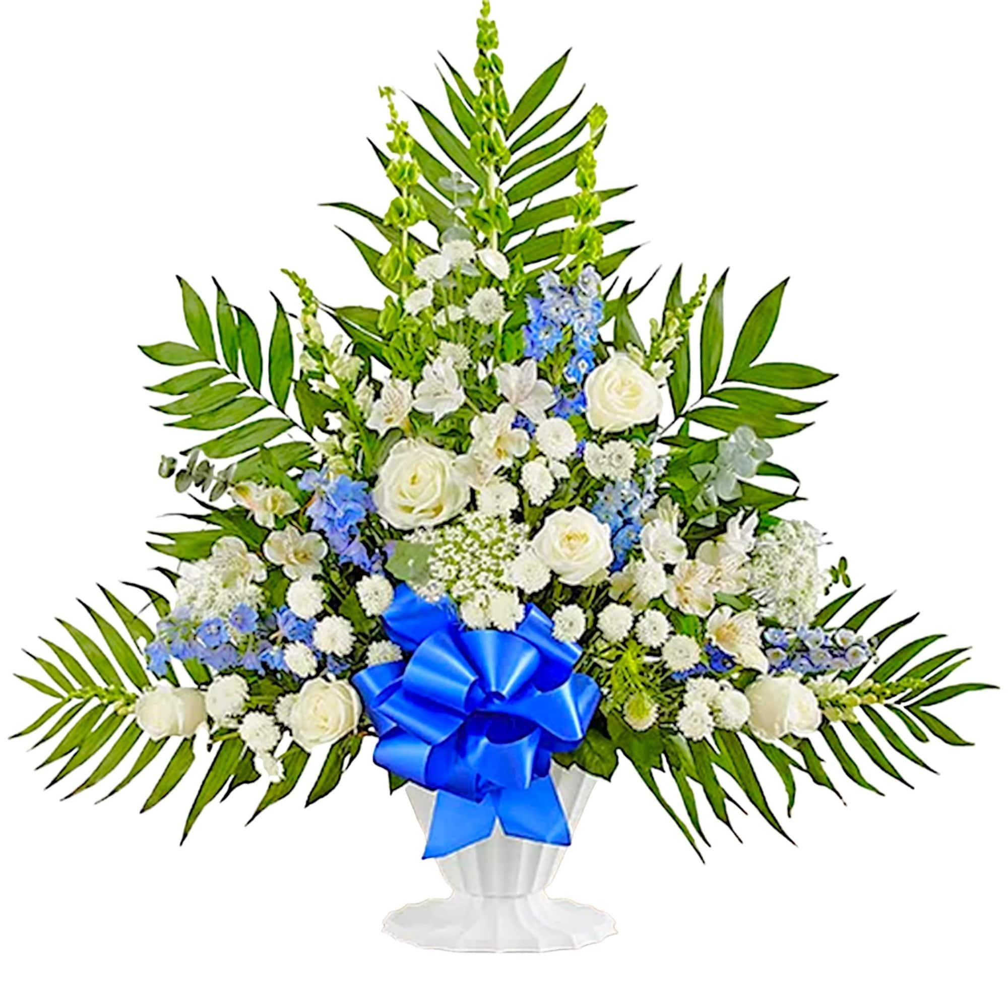 White and blue floral standing spray in a white urn with a blue ribbon