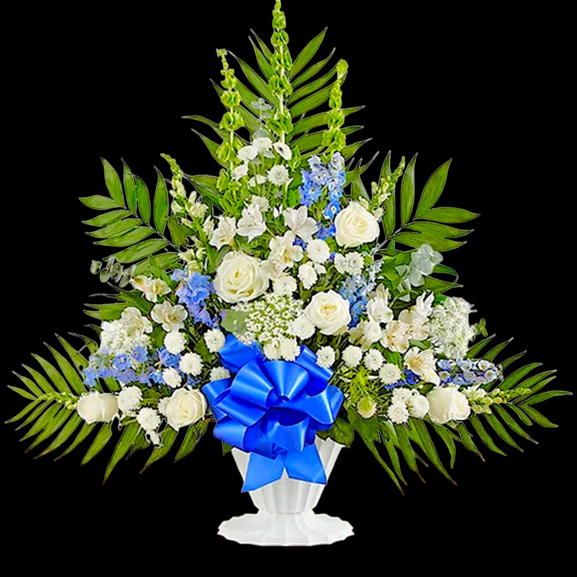 White and blue floral standing arrangement in a white urn with a blue bow, photo 5 of 6