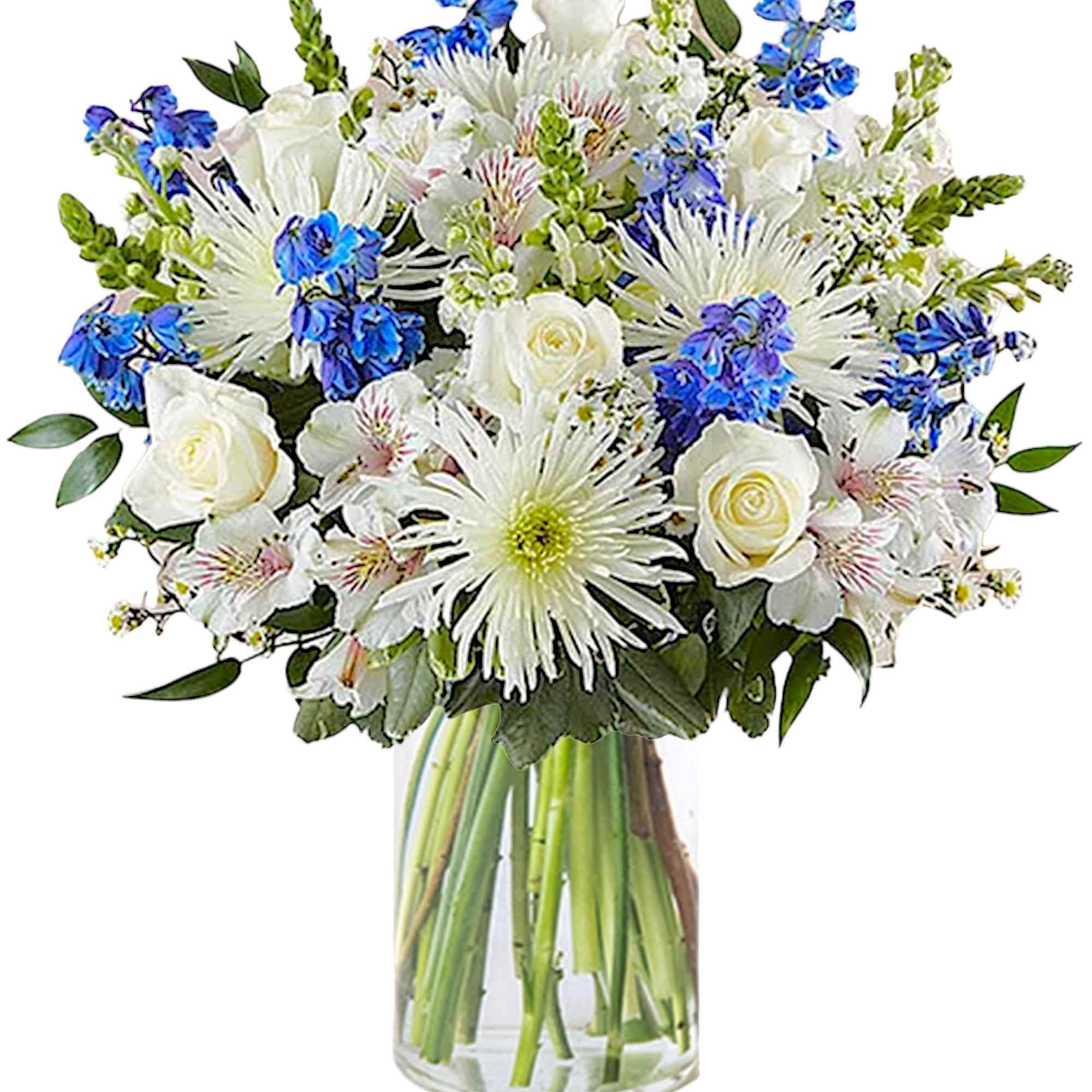 White and blue mixed bouquet in a clear glass vase