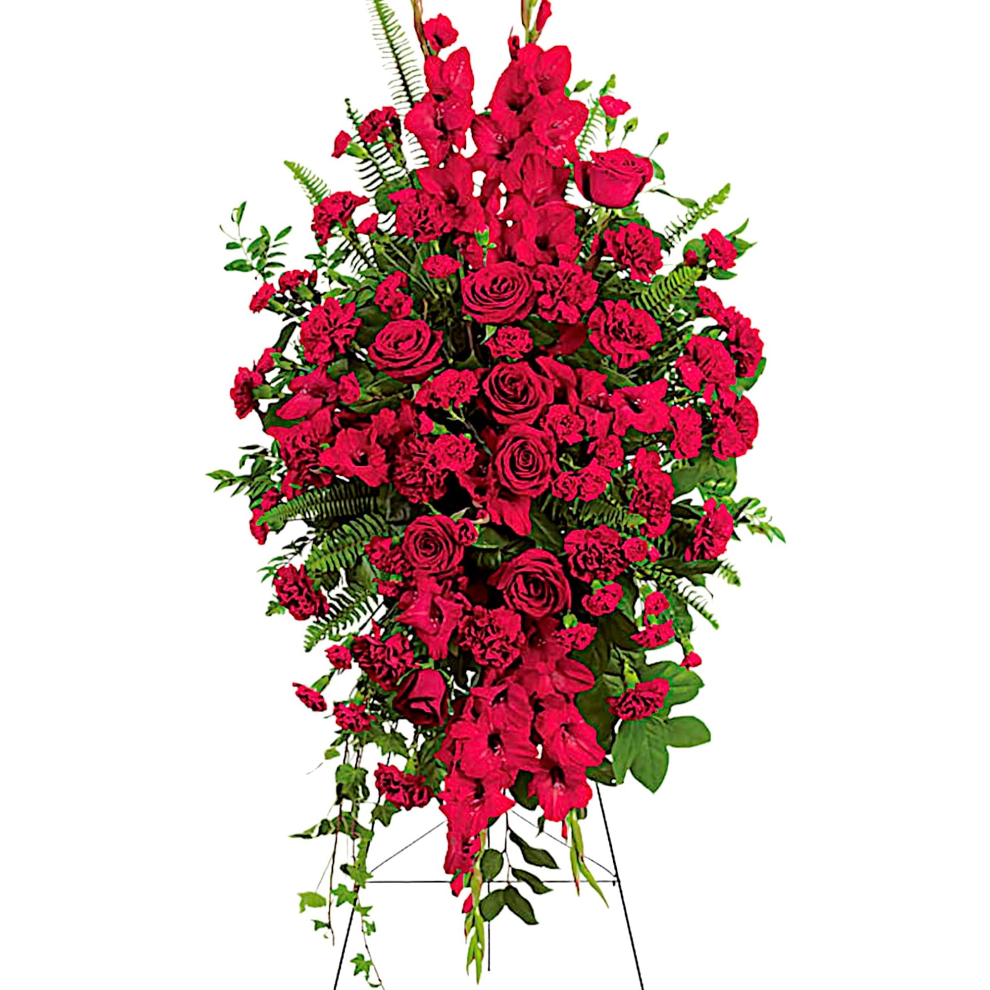 Tall red floral standing spray on an easel