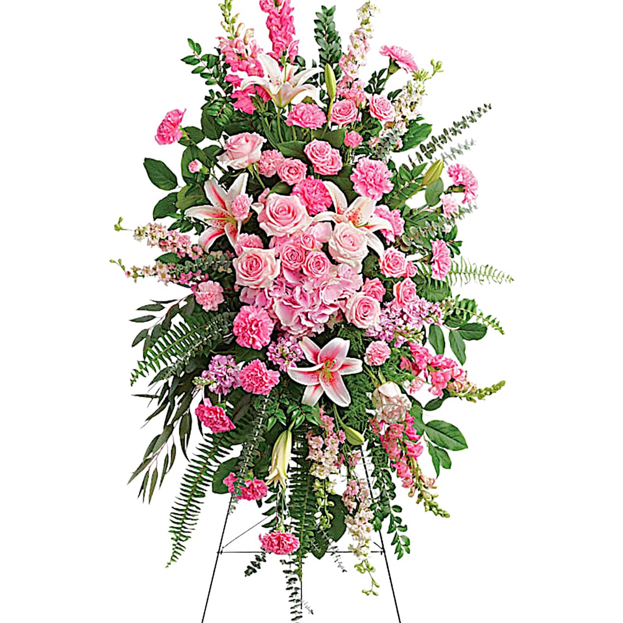 Tall pink floral standing spray on an easel