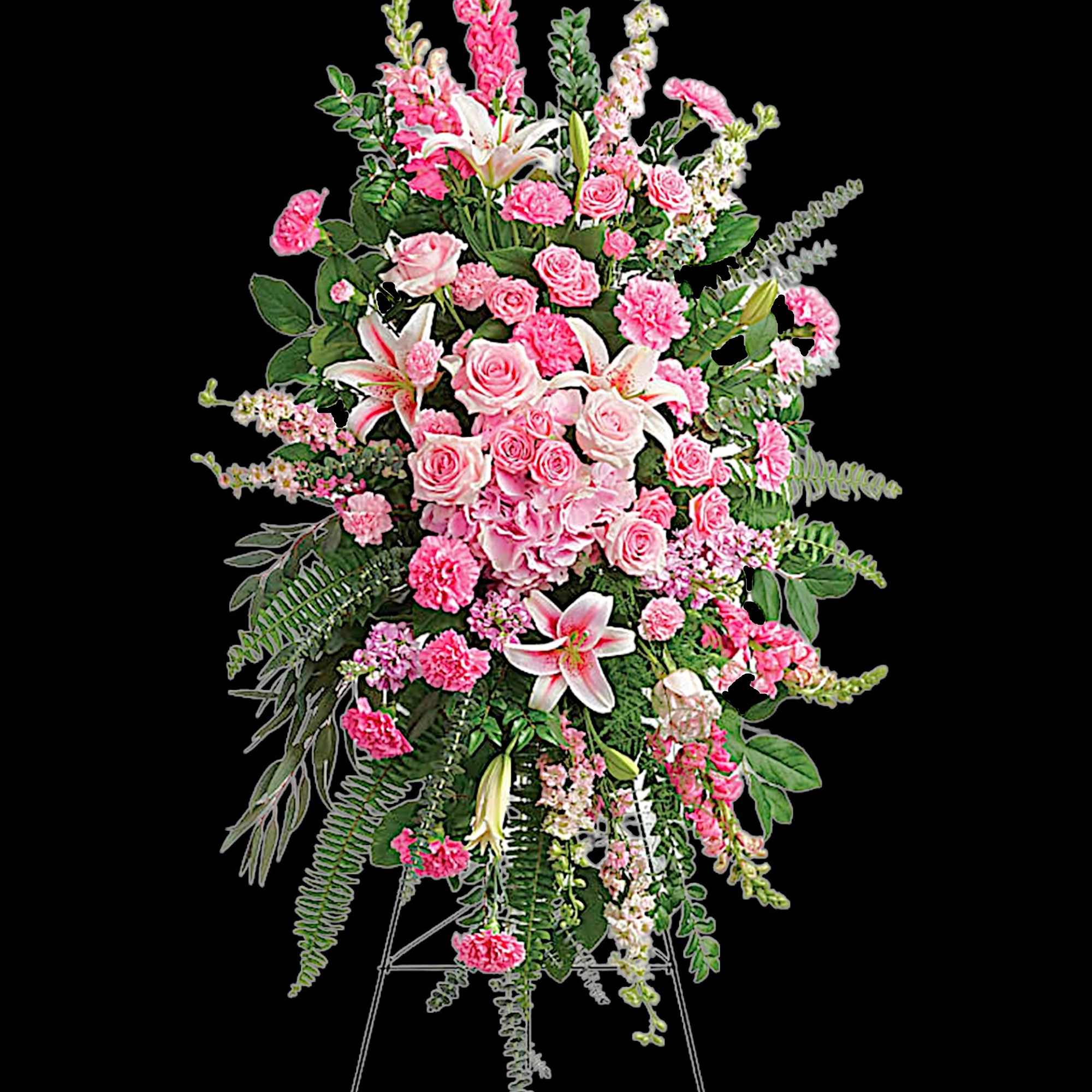 Tall pink and white floral standing spray on an easel, photo 3 of 4