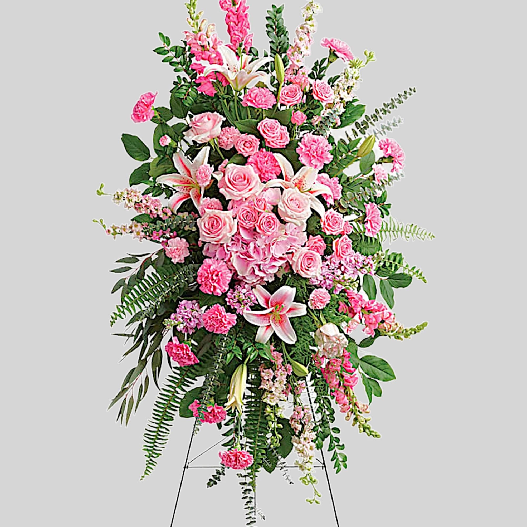 Tall pink and white floral standing spray on an easel, photo 4 of 4