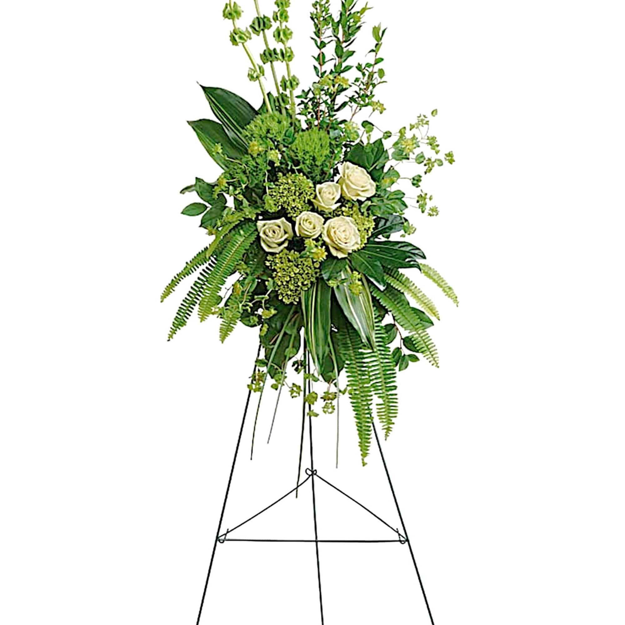 Tall white rose standing spray on a metal easel