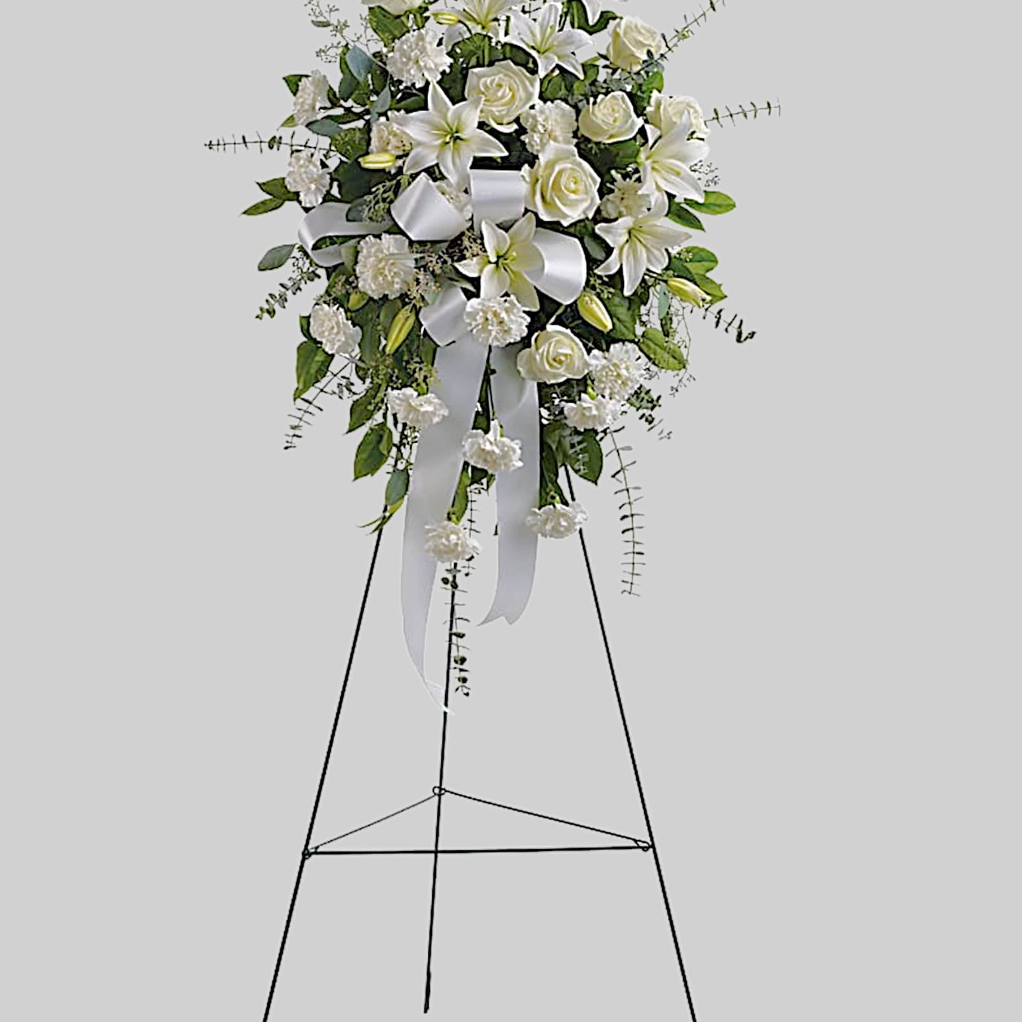 White floral standing spray on an easel with ribbon, photo 4 of 4