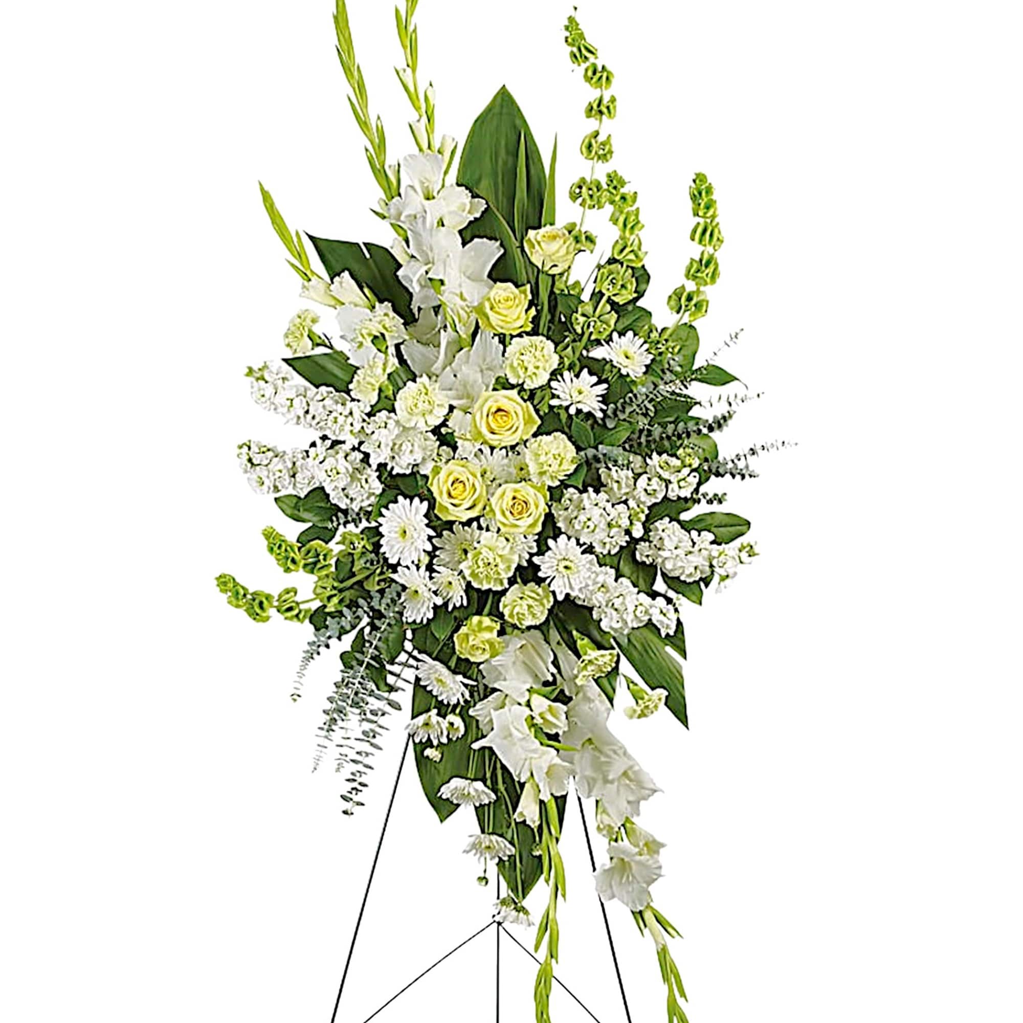Tall white and pale yellow floral standing spray on an easel