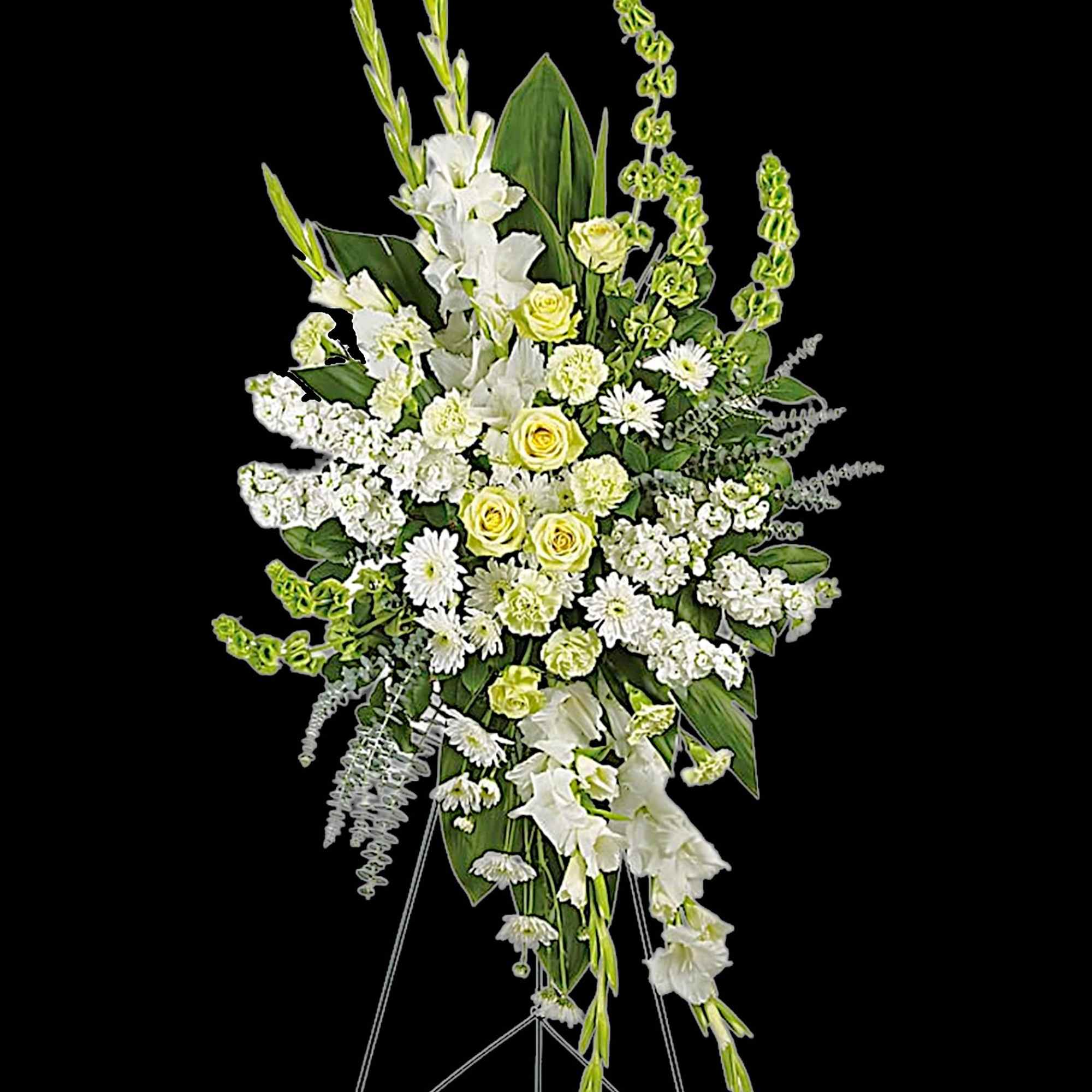 Tall white and pale yellow floral standing spray on an easel, photo 3 of 4
