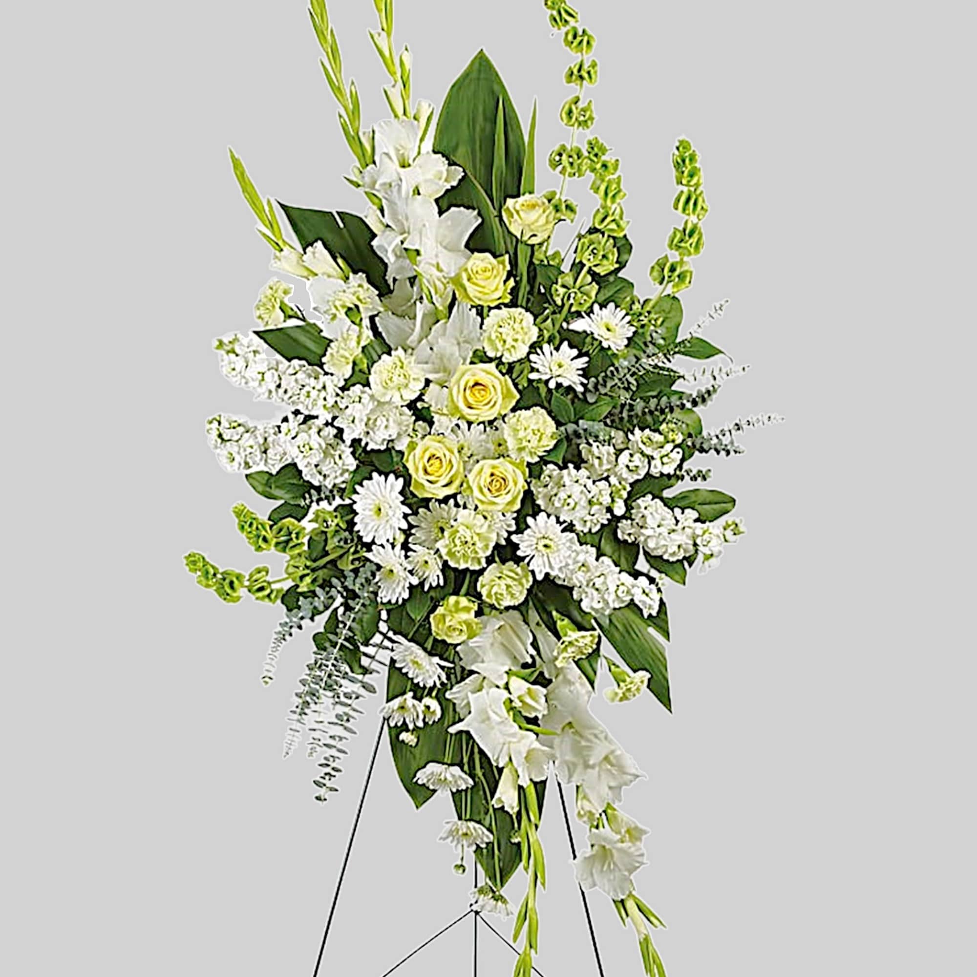 Tall white and pale yellow floral standing spray on an easel, photo 4 of 4