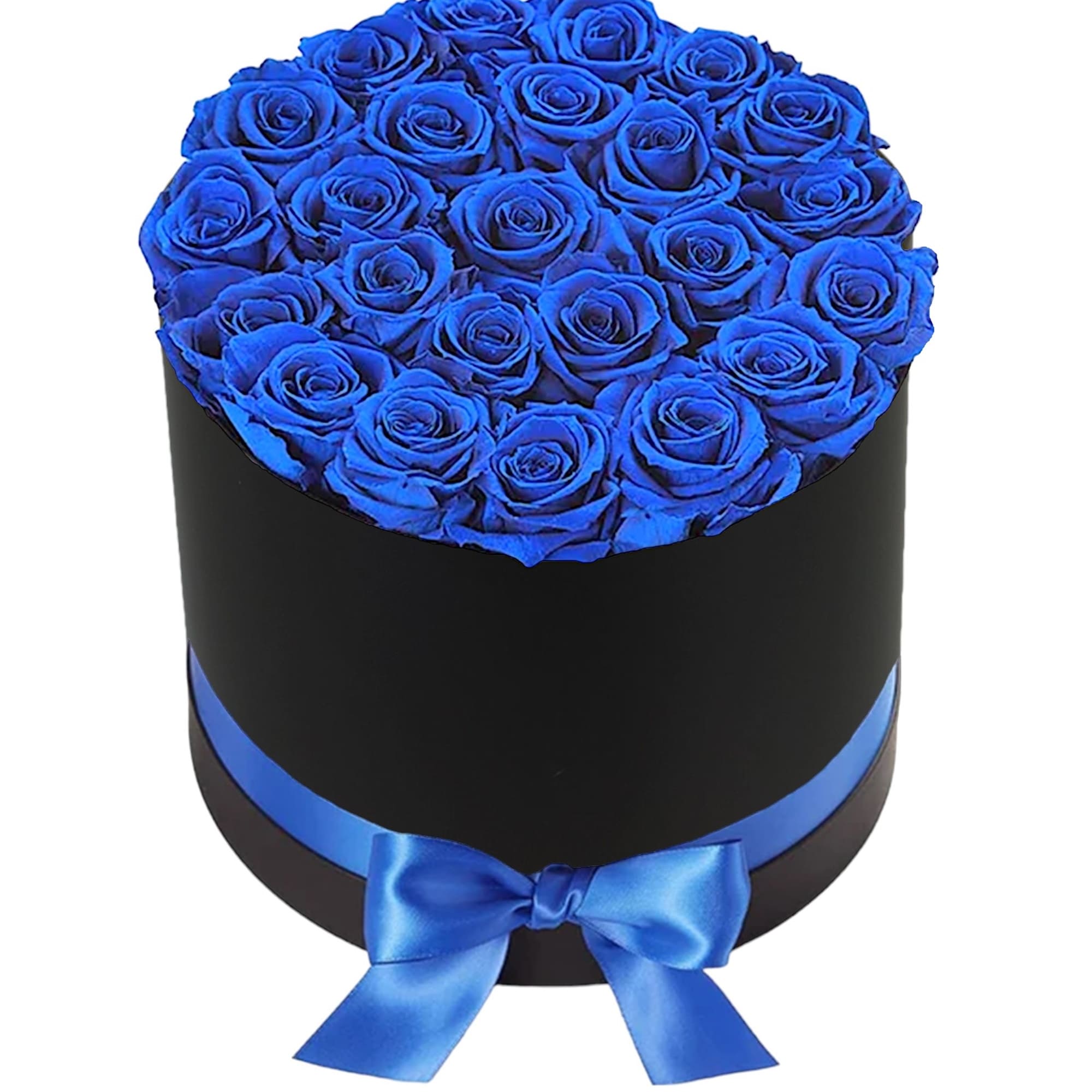 A modern flower arrangement in a black cylinder box filled with blue