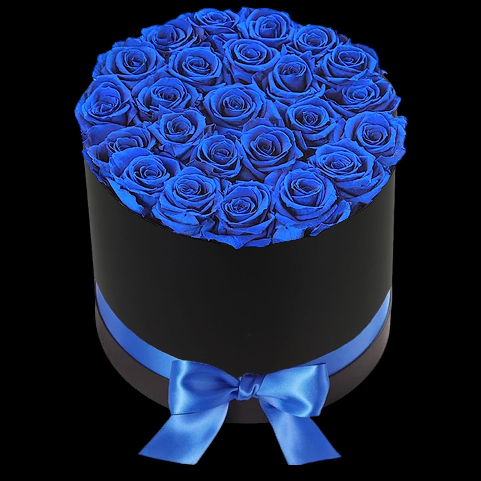 Round box of blue roses with a blue ribbon bow