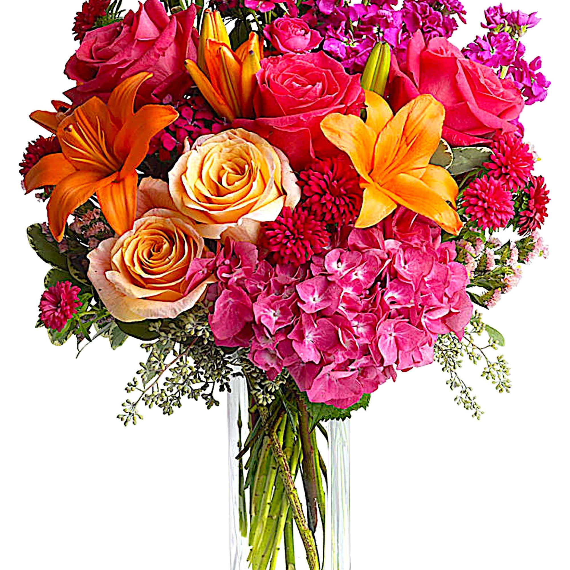 Bouquet of pink roses, orange lilies, and hot pink hydrangeas in a clear vase