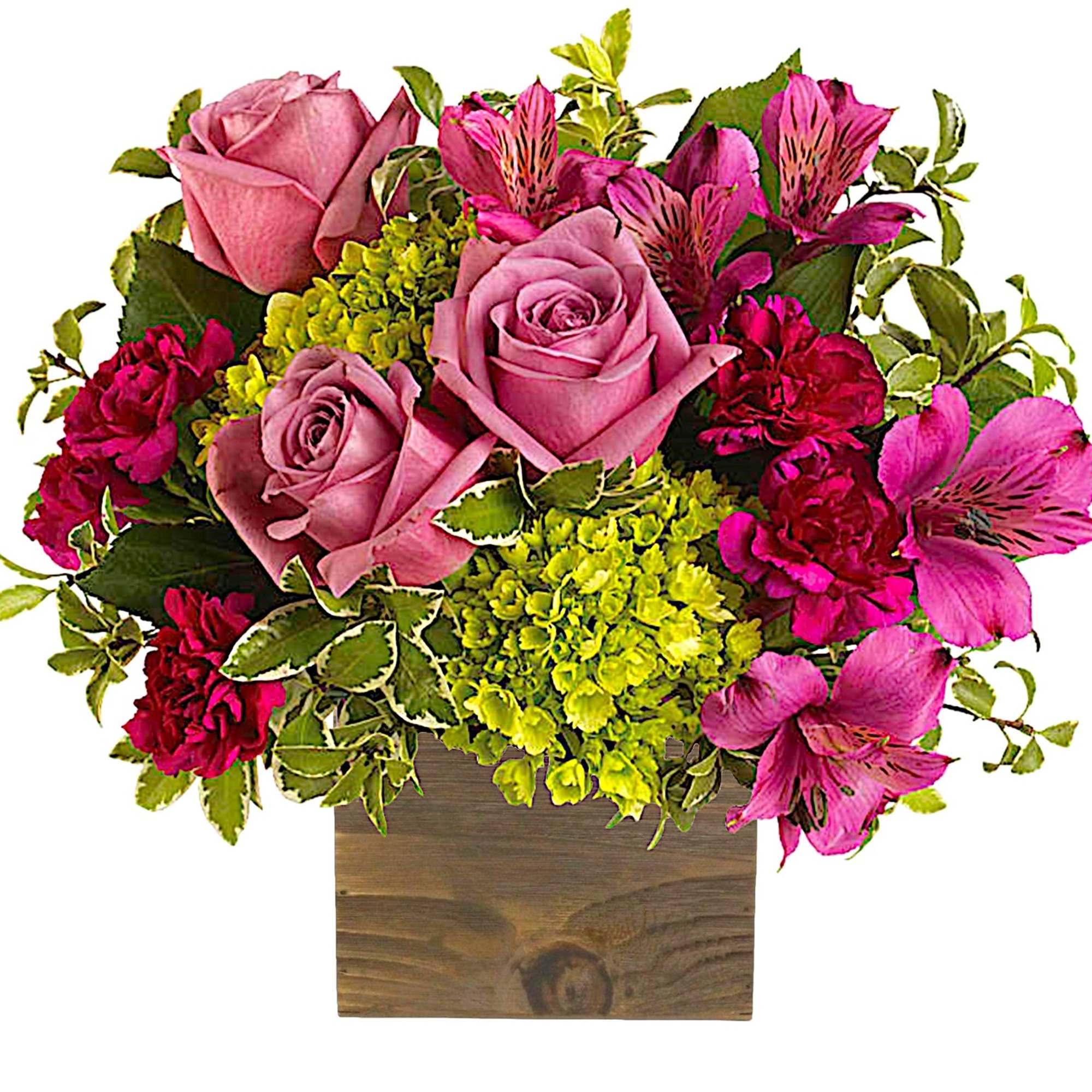 Pink roses and magenta alstroemeria in a wooden box