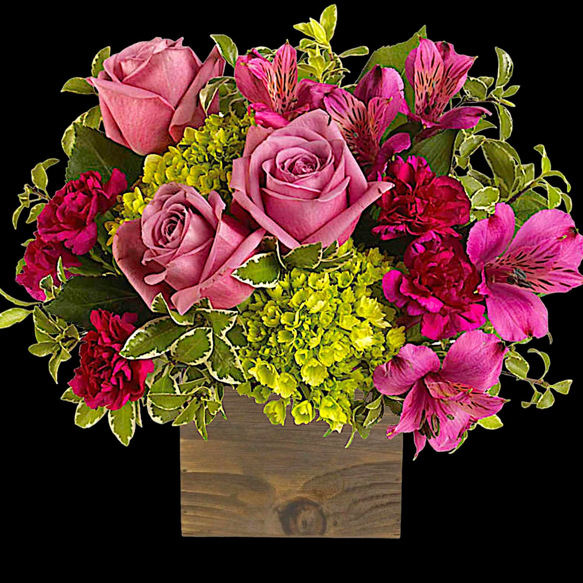 Pink roses and magenta alstroemeria in a wooden box, photo 3 of 4