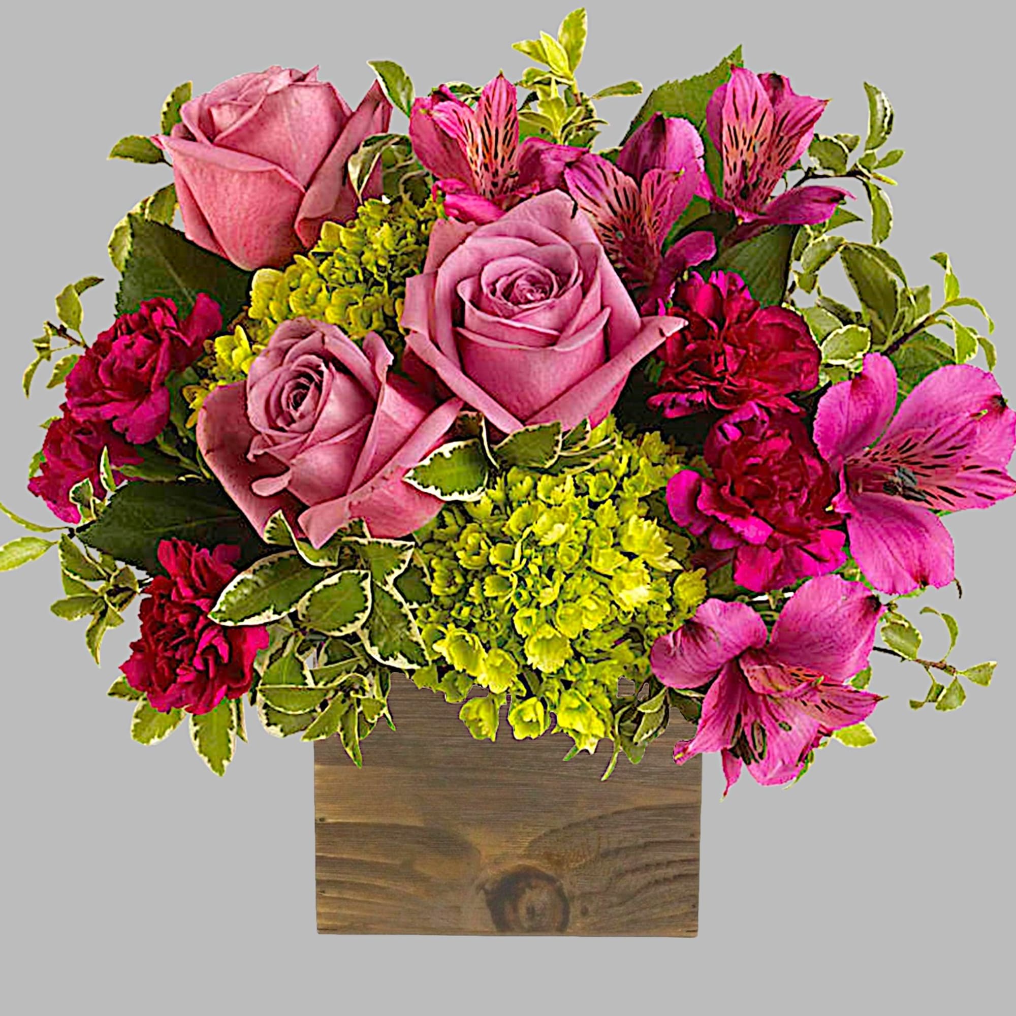 Pink roses and magenta alstroemeria in a wooden box, photo 4 of 4