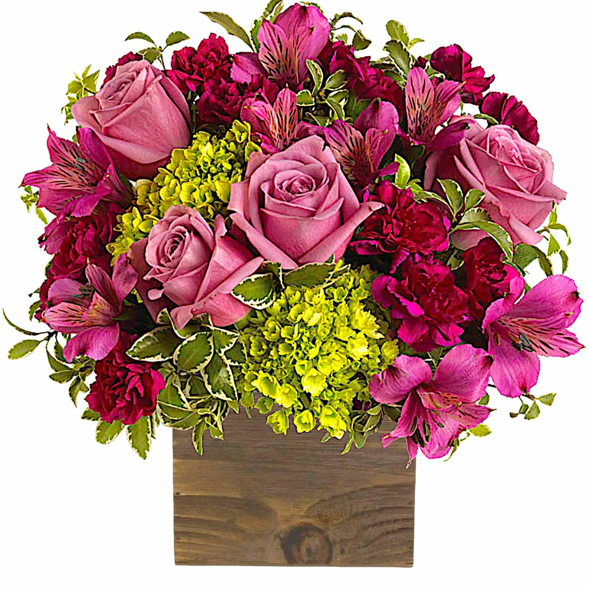 Pink roses and magenta flowers in a wooden box