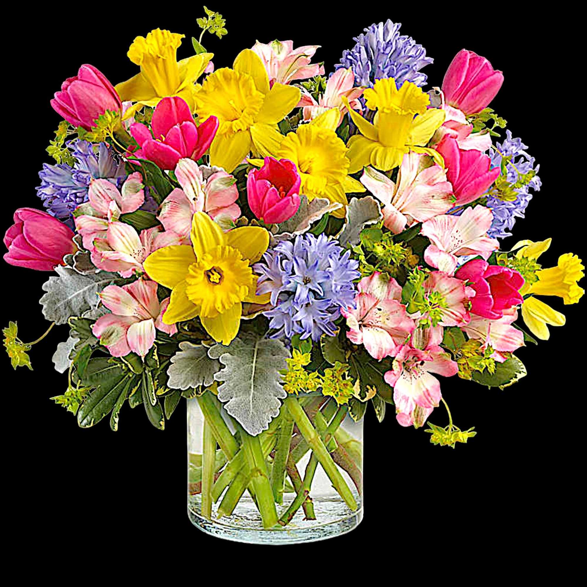 Colorful mixed bouquet in a clear glass vase