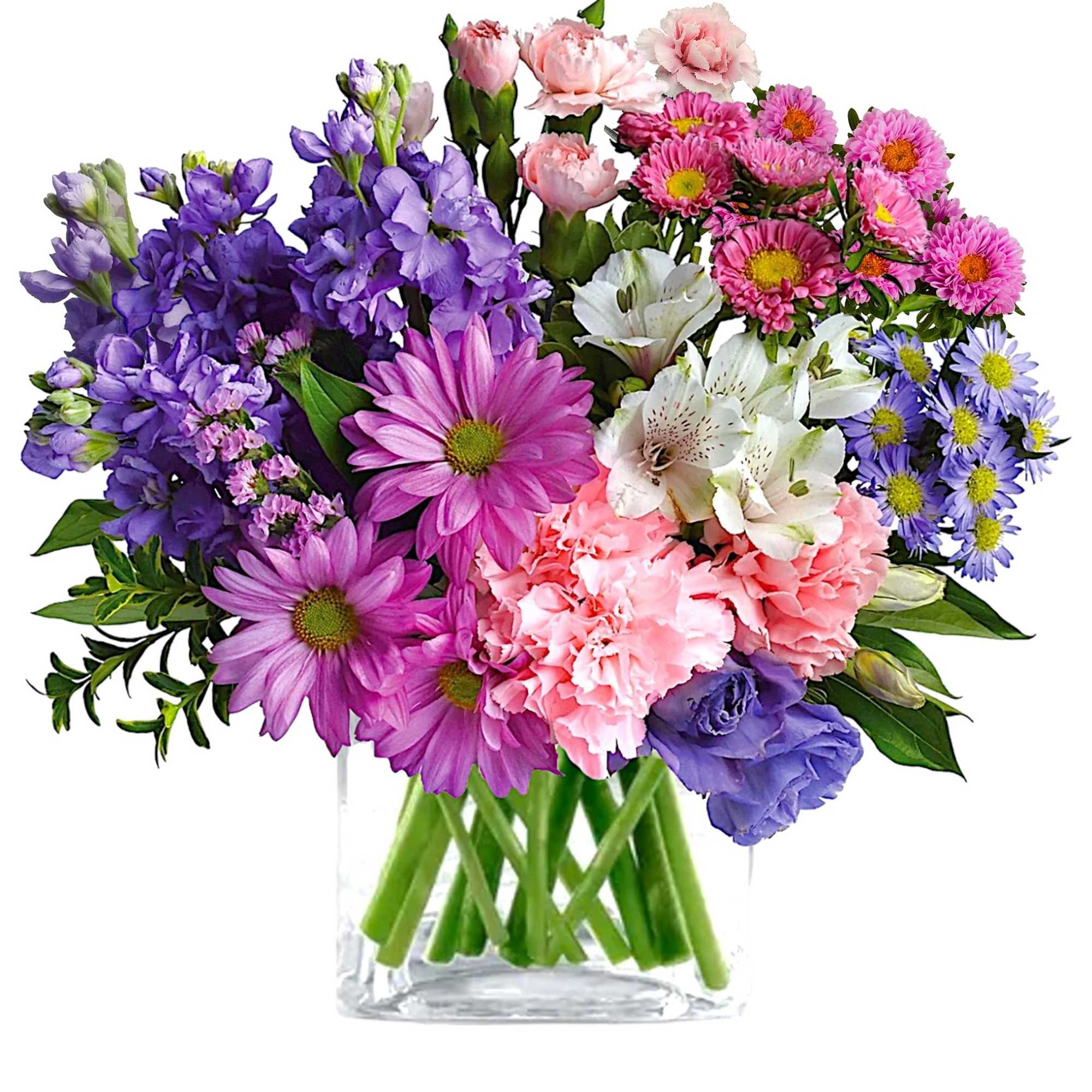 Mixed bouquet of purple, pink, white, and blue flowers in a clear glass vase