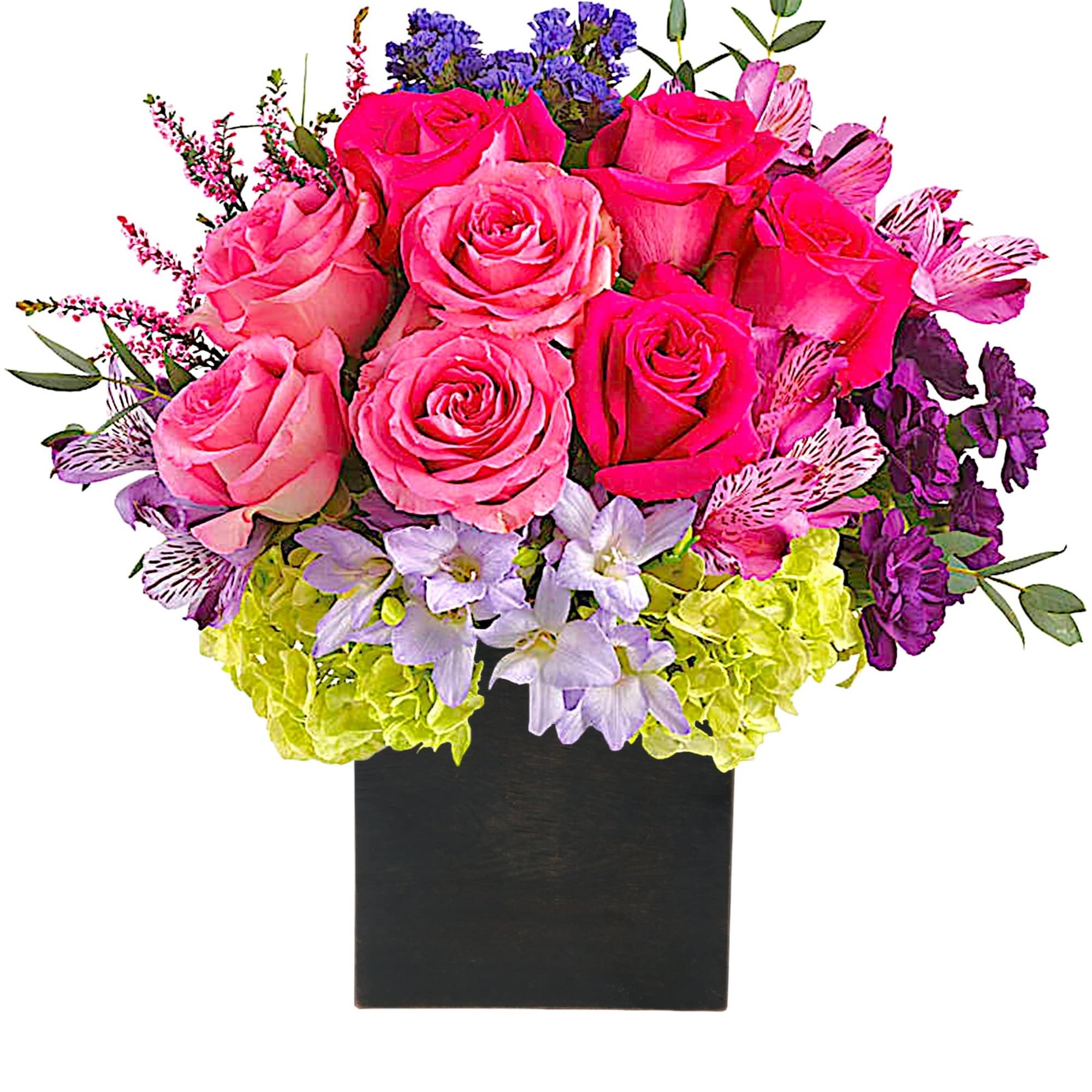 Pink and purple flower arrangement in a black square vase
