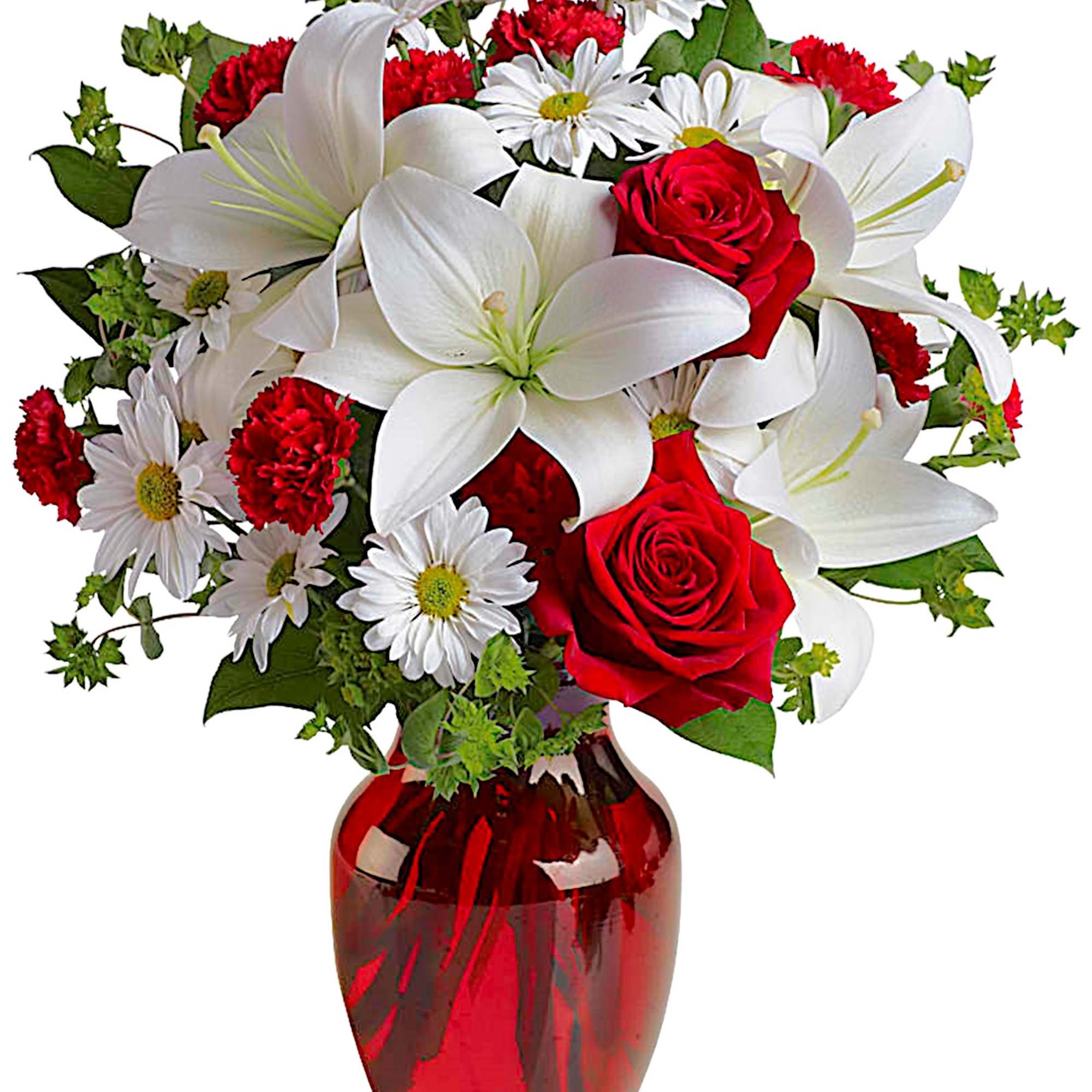 Red roses and white lilies in a red glass vase