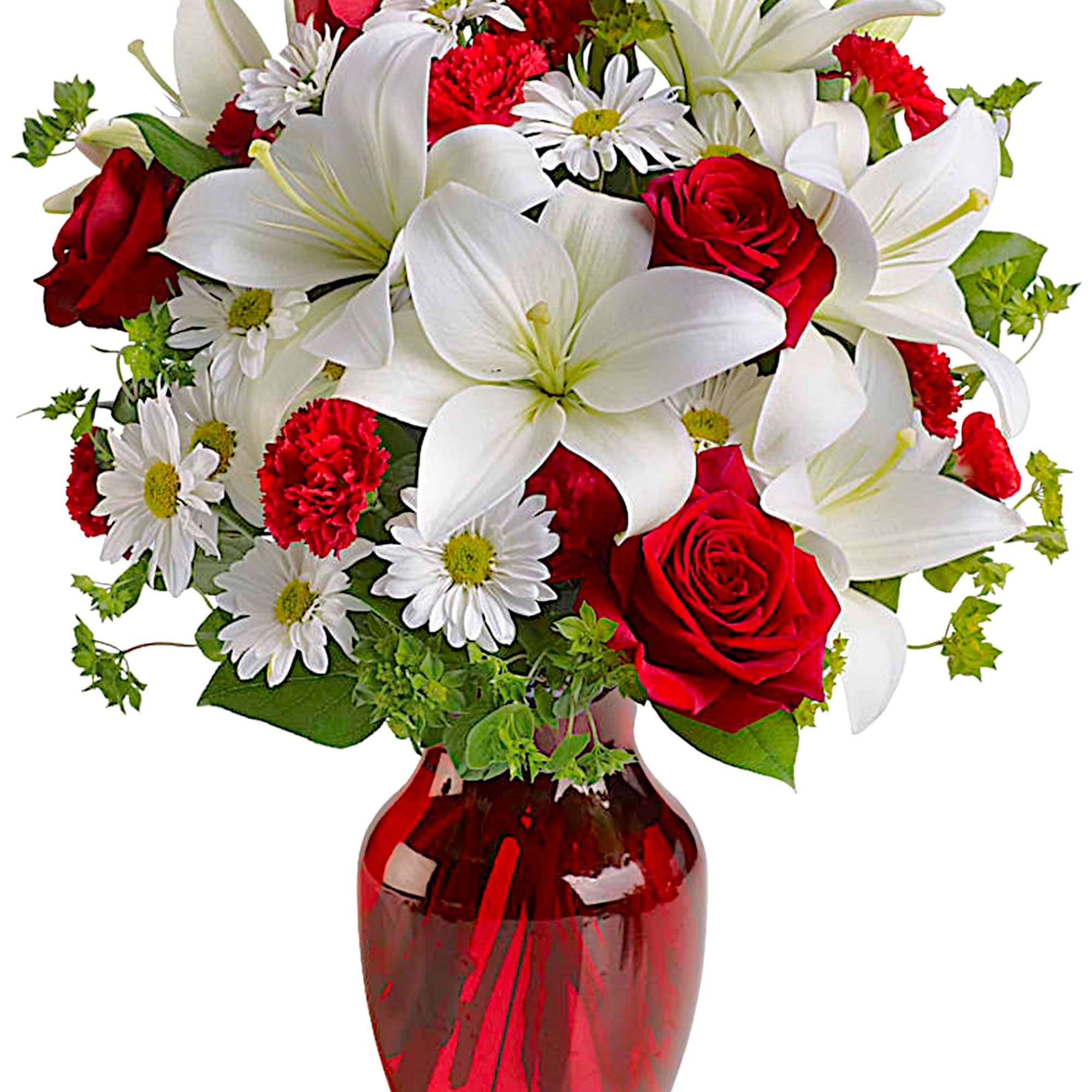 Bouquet of red roses, white lilies, and daisies in a red glass vase