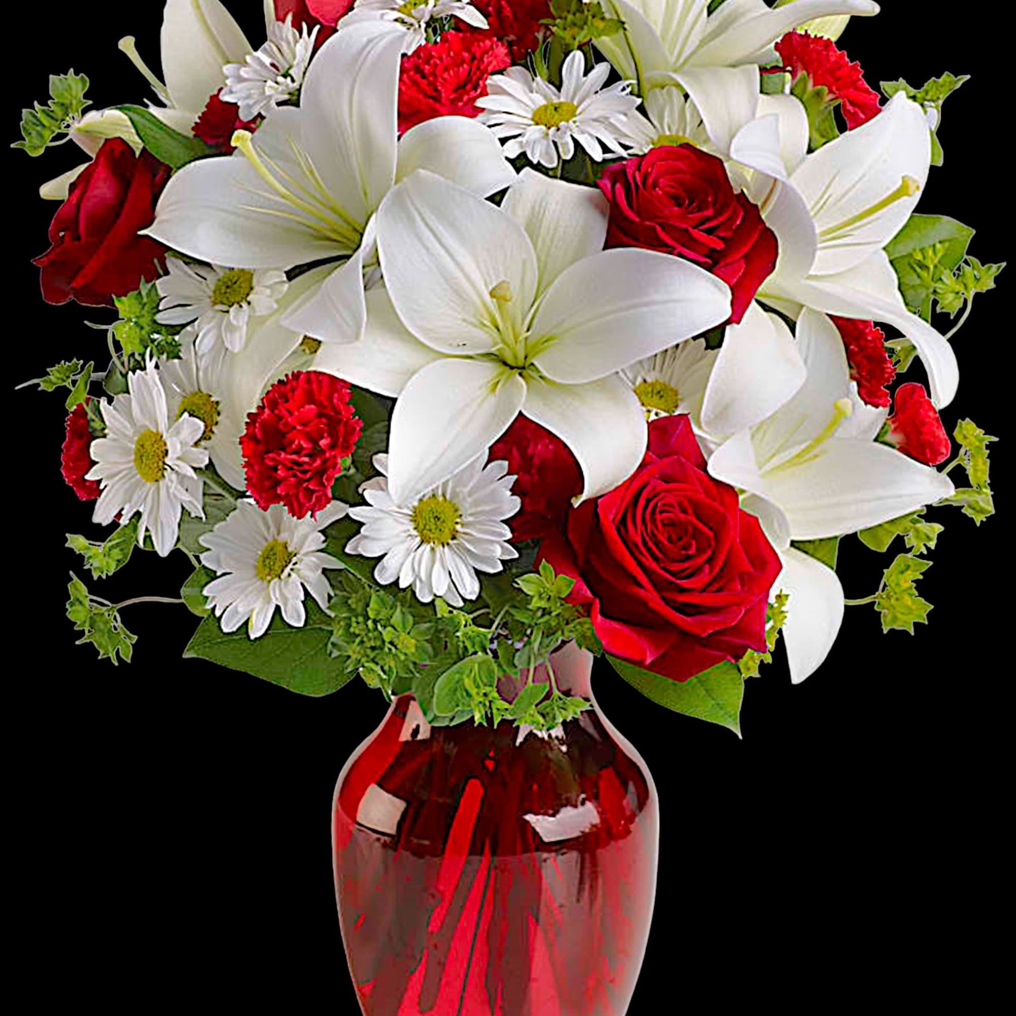 Red roses and white lilies in a red glass vase, photo 4 of 6