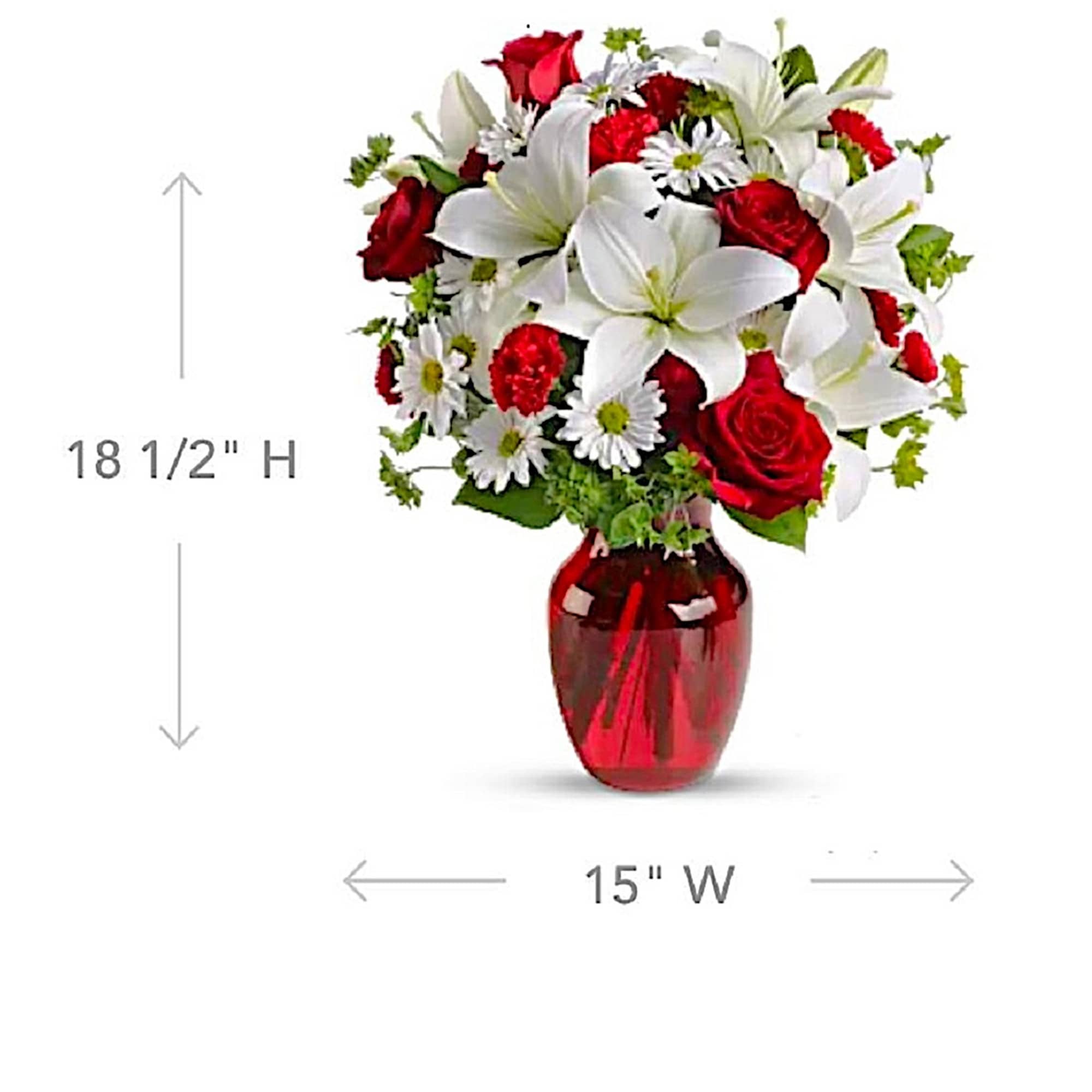 Bouquet of red roses and white lilies in a red glass vase